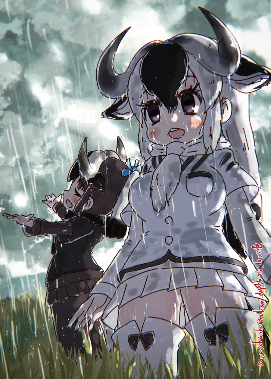 nakashi masakumi, black wildebeest (kemono friends), blue wildebeest (kemono friends), kemono friends, highres, 2girls, antelope ears, antelope horns, blush, brown eyes, brown hair, brown necktie, brown pantyhose, brown shirt, brown skirt, brown sleeves, closed eyes, cowboy shot, extra ears, grass, hair between eyes, long hair, long sleeves, multicolored hair, multiple girls, necktie, open mouth, pantyhose, pleated skirt, rain, shirt, short hair, short sleeves, sidelocks, skirt, smile, teeth, thighhighs, two-tone hair, upper teeth only, white hair, white necktie, white shirt, white skirt, white sleeves, white thighhighs, zettai ryouiki