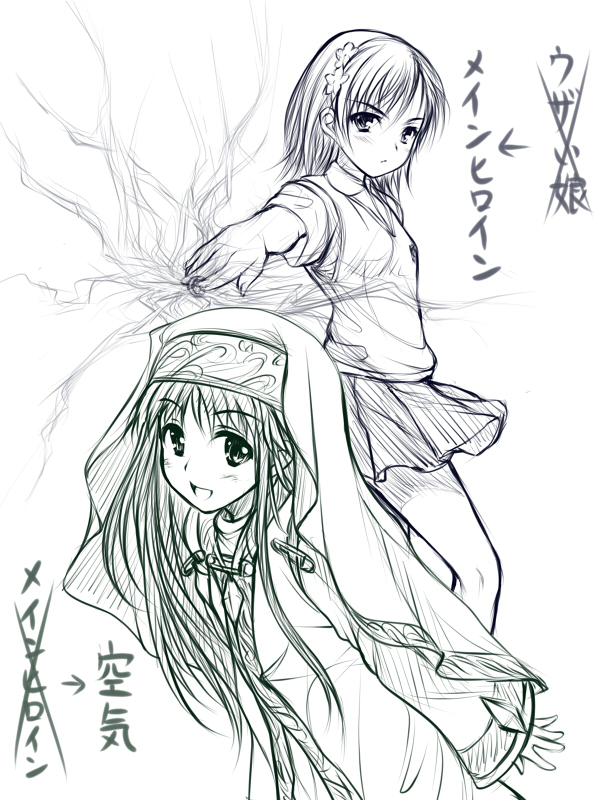 uni8, index (toaru majutsu no index), misaka mikoto, toaru majutsu no index, 00s, 2girls, electricity, electrokinesis, greyscale, monochrome, multiple girls, multiple monochrome
