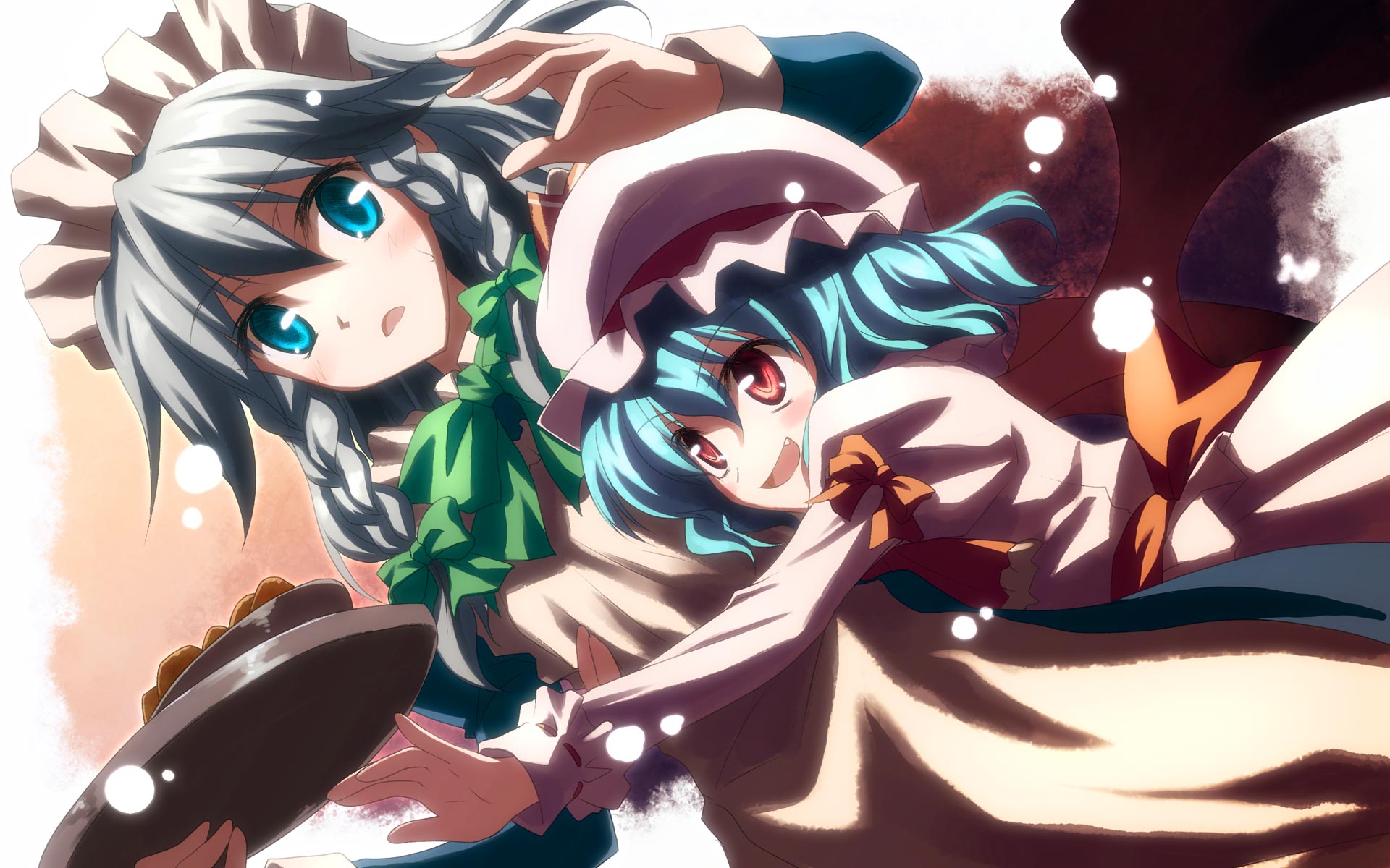 studio sdt, yuuki tatsuya, flandre scarlet, izayoi sakuya, remilia scarlet, perfect cherry blossom, touhou, silver hair, highres, 2girls, bat wings, blue eyes, blue hair, fang, female focus, maid, multiple girls, red eyes, short hair, snow, tray, wings