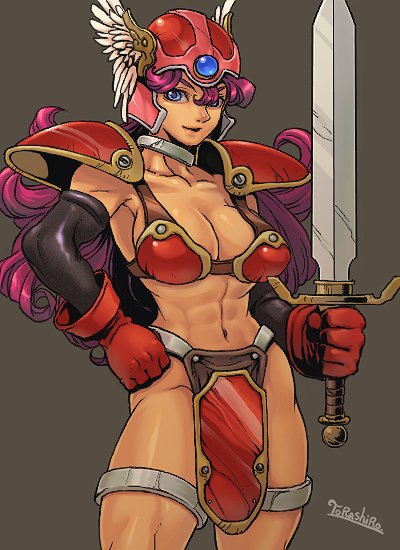 torashiro eiji, warrior (dq3), chunsoft, dragon quest, dragon quest iii, enix, 1girl, abs, armor, bikini armor, blue eyes, breasts, cleavage, elbow gloves, female focus, gloves, helmet, large breasts, long hair, muscular, purple hair, red armor, solo, sword, weapon