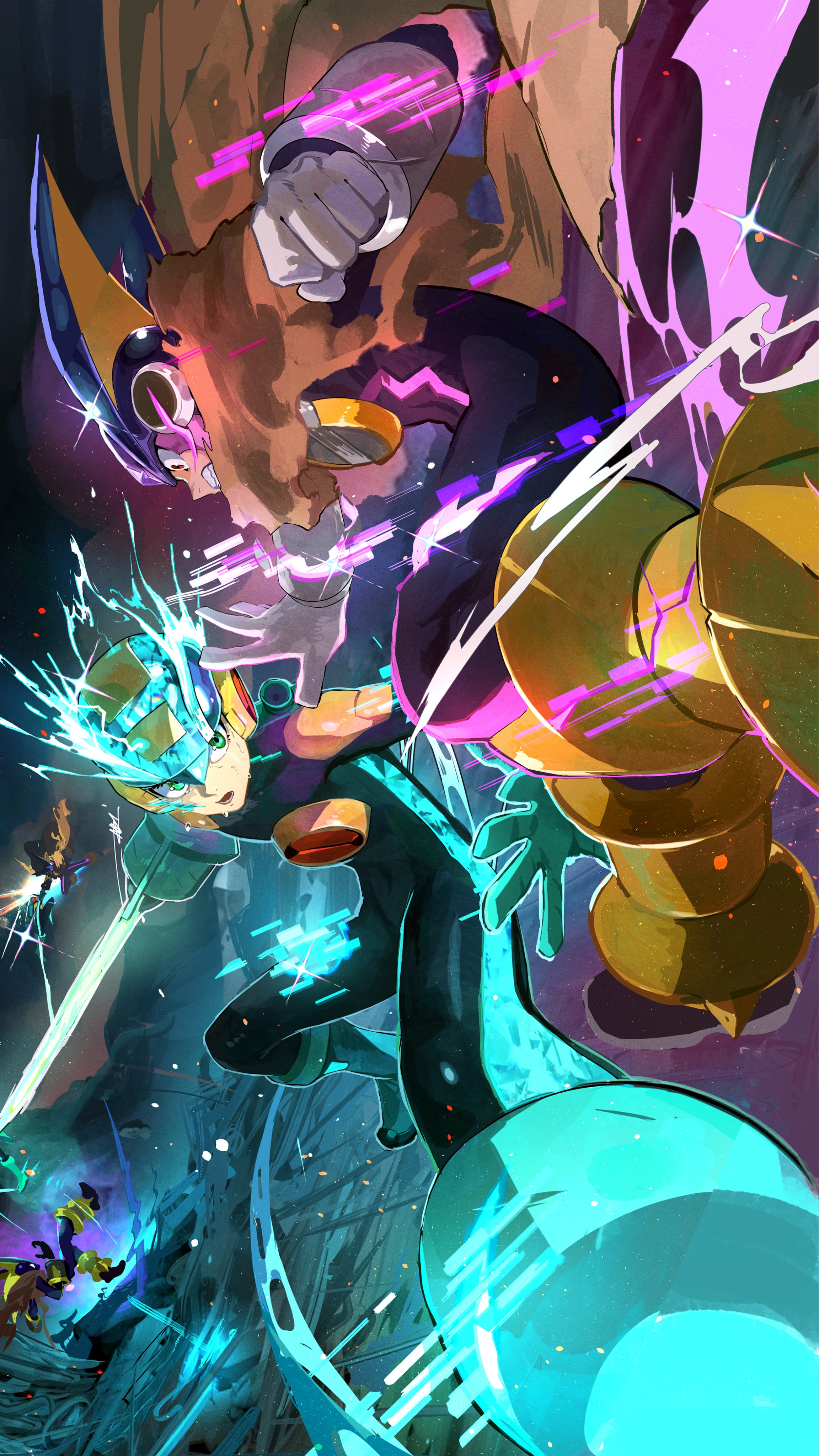 ossan zabi 190, bass.exe (mega man), megaman.exe, mega man (series), mega man battle network (series), absurdres, highres, arm blade, battle, black bodysuit, black helmet, blue bodysuit, blue helmet, bodysuit, brown cloak, cloak, electricity, fins, glowing, head fins, helmet, male focus, multiple boys, weapon