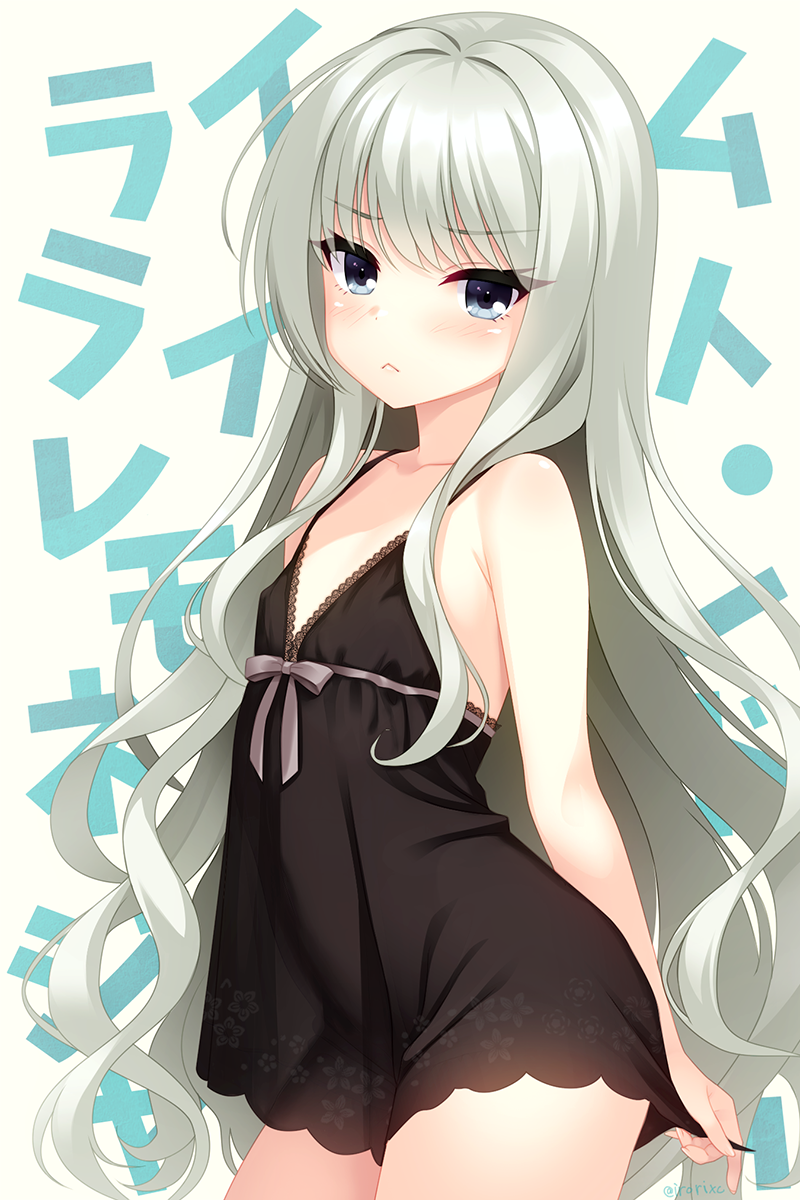 irori (irorixc), koishikawa miku, limelight lemonade jam, commentary request, highres, paid reward available, 1girl, :<, armpit crease, arms behind back, bare shoulders, black dress, blue eyes, blush, breasts, closed mouth, collarbone, copyright name, covered erect nipples, cowboy shot, cowlick, dress, dress tug, eyelashes, eyes visible through hair, floral print, floral print dress, frown, hair between eyes, hair intakes, long hair, looking at viewer, nightgown, print dress, see-through clothes, see-through dress, short dress, sidelocks, sleeveless, sleeveless dress, small breasts, solo, v-shaped eyebrows, very long hair, wavy hair