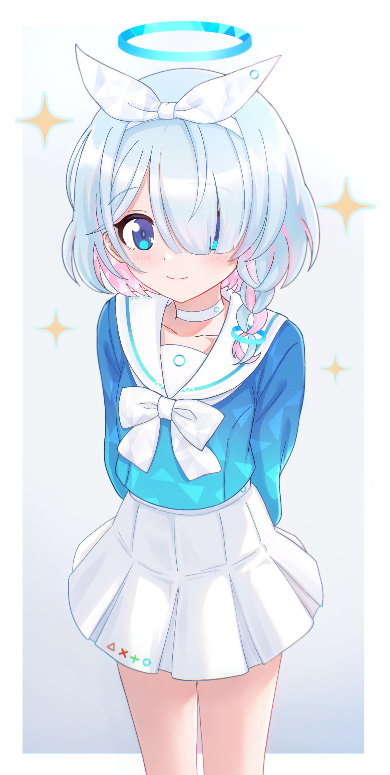 p8 kei, arona (blue archive), blue archive, absurdres, highres, 1girl, arms behind back, blue eyes, blue hair, blue halo, blue shirt, blush, bow hairband, braid, choker, colored inner hair, gradient background, hair over one eye, hairband, halo, long sleeves, looking at viewer, multicolored hair, neckerchief, sailor collar, school uniform, shirt, short hair, single braid, skirt, smile, solo, star (symbol), white choker, white hairband, white neckerchief, white sailor collar, white skirt