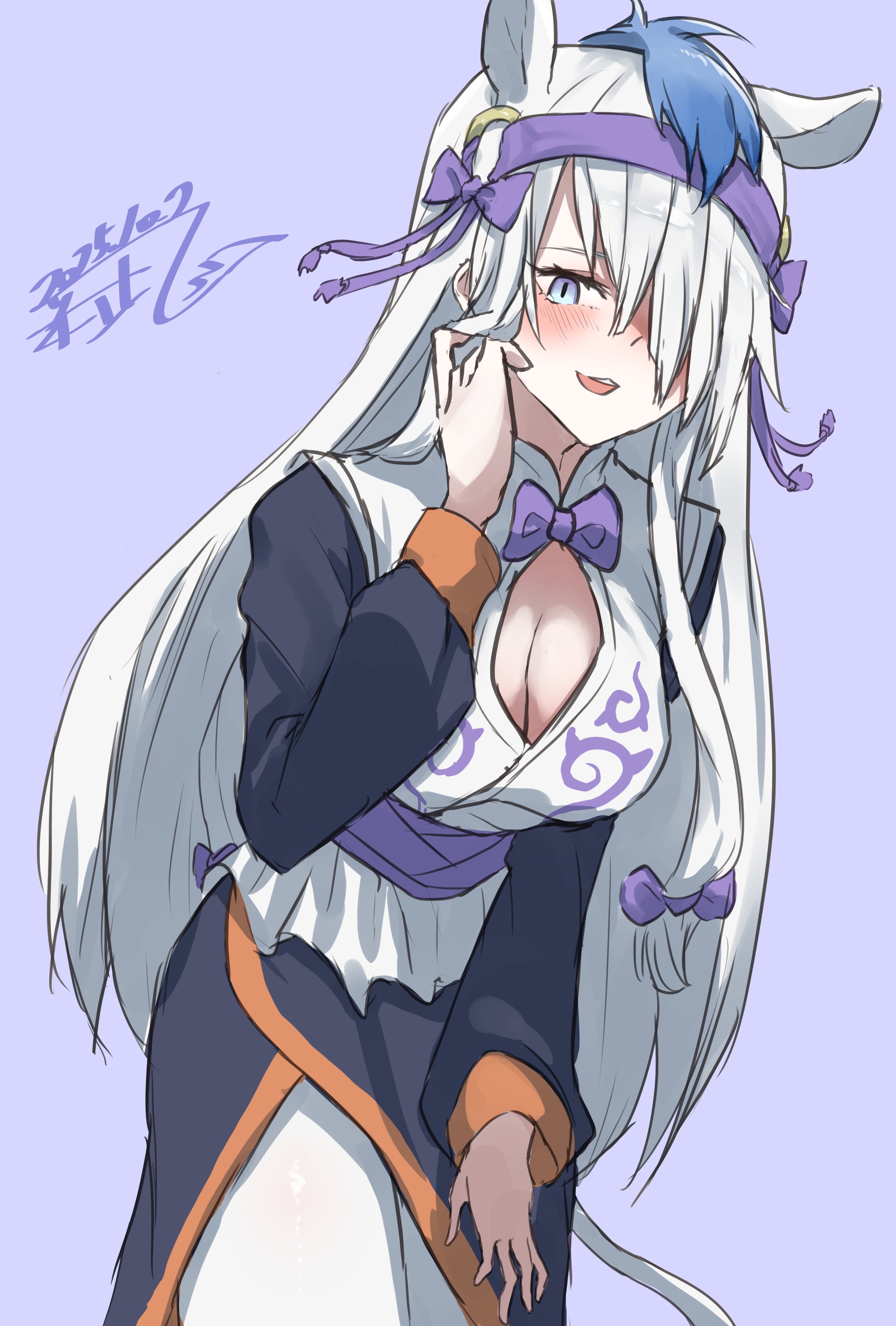 aranagi (arng 4401), gyokuryu (kemono friends), kemono friends, absurdres, highres, 1girl, animal ears, bikini, blue eyes, blue hair, cowboy shot, extra ears, hair over one eye, hairband, hand in own hair, headgear, horse ears, horse girl, horse tail, leaning forward, long hair, long sleeves, looking at viewer, mandarin collar, multicolored hair, orange trim, pantyhose, purple bikini, purple hairband, purple sleeves, shirt, sidelocks, slit pupils, solo, swimsuit, tail, white hair, white pantyhose, white shirt