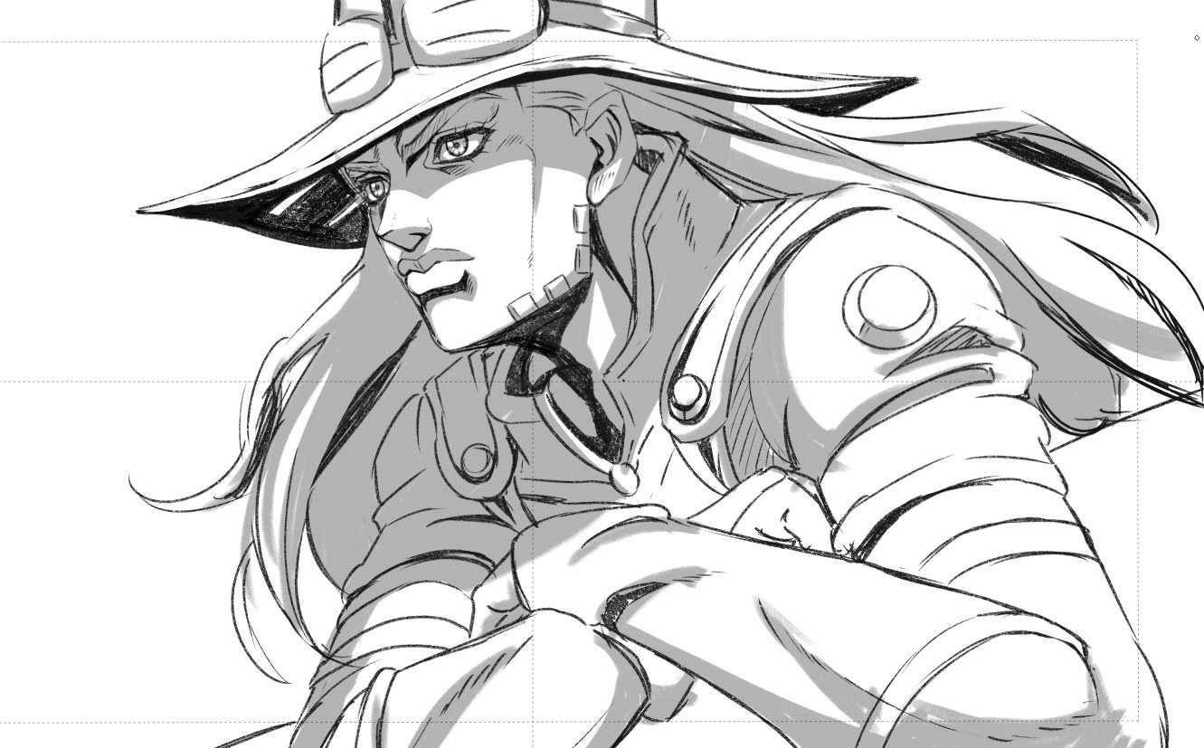 flanpucci, gyro zeppeli, jojo no kimyou na bouken, steel ball run, commentary, english commentary, 1boy, araki hirohiko (style), arm warmers, beard, bishounen, boots, cowboy western, crossed arms, facial hair, from side, goggles, goggles on headwear, greyscale, high heel boots, high heels, long hair, male focus, monochrome, official style, short sleeves, sketch