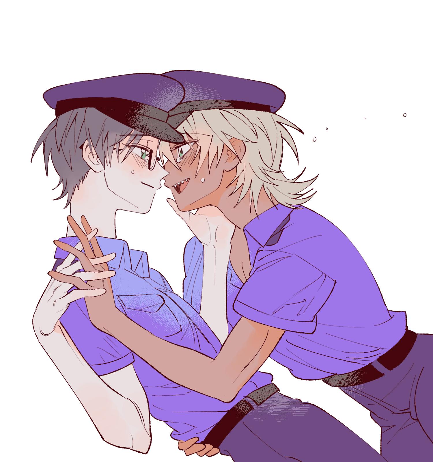 5 taku, akutsu mabu, niiboshi reo, sarazanmai, commentary request, highres, korean commentary, 2boys, belt, black belt, blonde hair, blush, from side, glasses, green eyes, hat, holding hands, male focus, multiple boys, pants, pectoral cleavage, pectorals, police, police hat, police uniform, purple pants, purple shirt, sharp teeth, shirt, short hair, tears, teeth, white background, yaoi