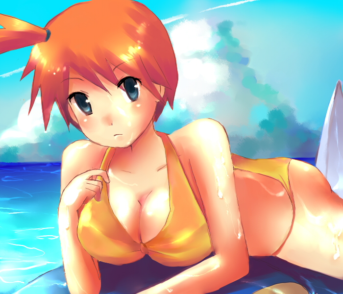 tenko22702, tenko (paradise), misty (pokemon), nintendo, pokemon, bad id, bad pixiv id, 1girl, alternate breast size (larger), beach, bikini, breasts, cleavage, day, female focus, large breasts, lying, outdoors, side ponytail, sky, solo, swimsuit, yellow bikini