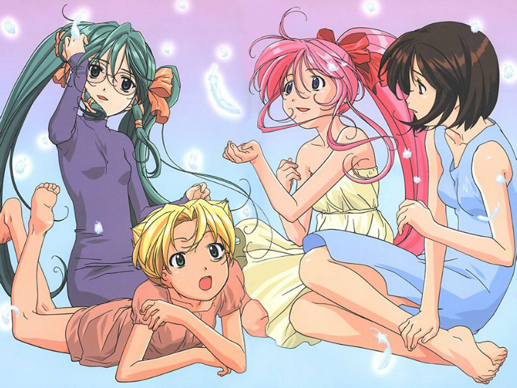 chiba yuriko, excelia, karinka, karinka (koutetsu tenshi kurumi), kurumi, kurumi (koutetsu tenshi kurumi), saki (koutetsu tenshi kurumi), saki (steel angel kurumi), koutetsu tenshi kurumi, koutetsu tenshi kurumi zero, steel angel kurumi zero, official art, official wallpaper, 4girls, :d, :o, adjusting hair, antenna hair, bare shoulders, barefoot, black hair, blonde hair, blue eyes, bob cut, bow, casual, dress, feathers, feet, flat chest, glasses, green eyes, green hair, hair bow, head tilt, kneepits, long hair, lying, multiple girls, on stomach, open mouth, outstretched hand, pink hair, ponytail, purple eyes, red eyes, short hair, sitting, smile, soles, sundress, turtleneck, twintails, very long hair