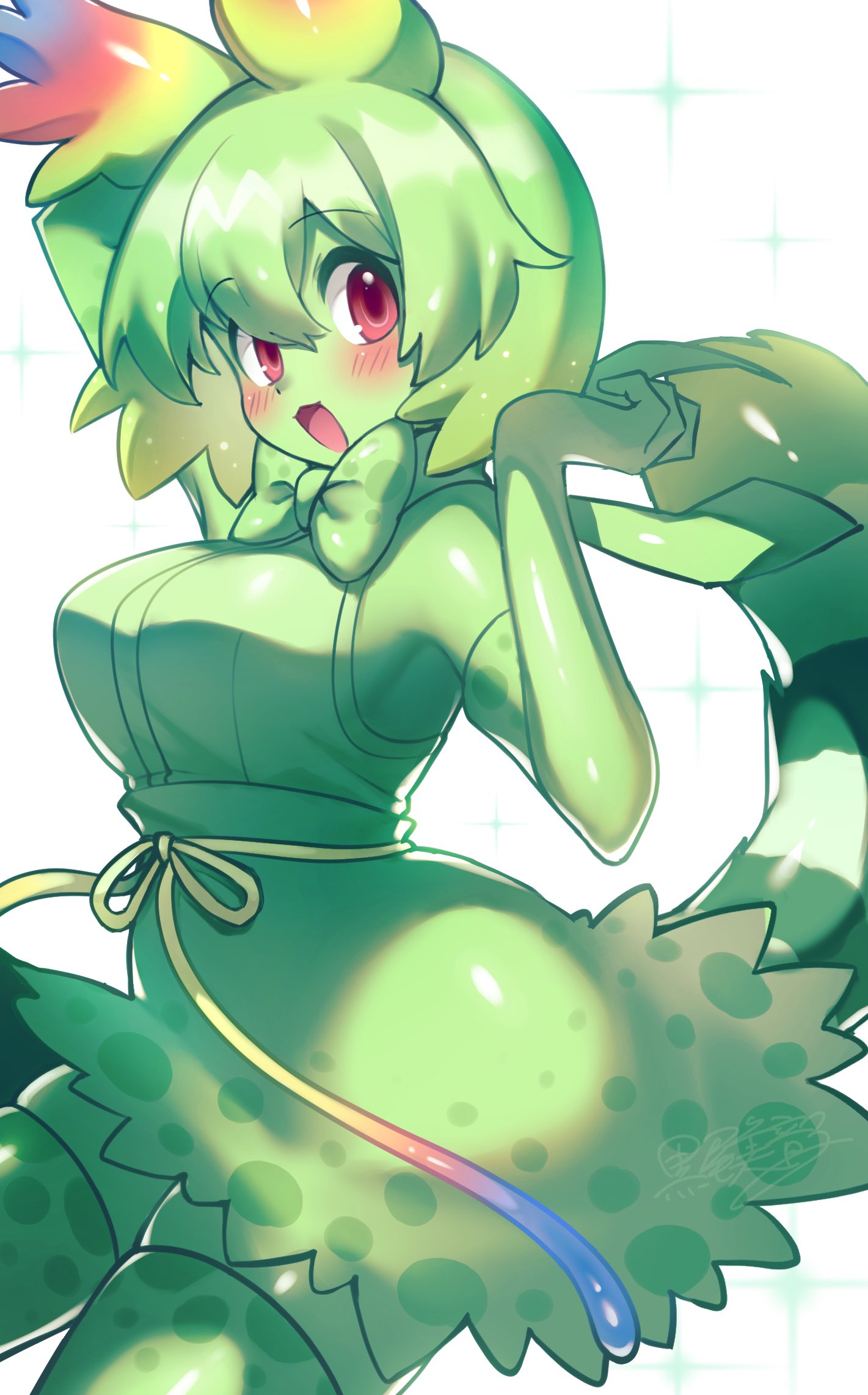 mitorizu 02, cellval, kemono friends, highres, 1girl, animal ears, animal print, bare shoulders, blush, bow, bowtie, cat ears, cat girl, cat print, cat tail, colored skin, cowboy shot, elbow gloves, frilled skirt, frills, gloves, green bow, green bowtie, green gloves, green hair, green shirt, green skin, green skirt, green thighhighs, hair between eyes, high-waist skirt, multicolored hair, open mouth, print bow, print bowtie, print gloves, print thighhighs, rainbow hair, red eyes, shirt, short hair, sidelocks, skirt, sleeveless, smile, solo, tail, thighhighs, zettai ryouiki