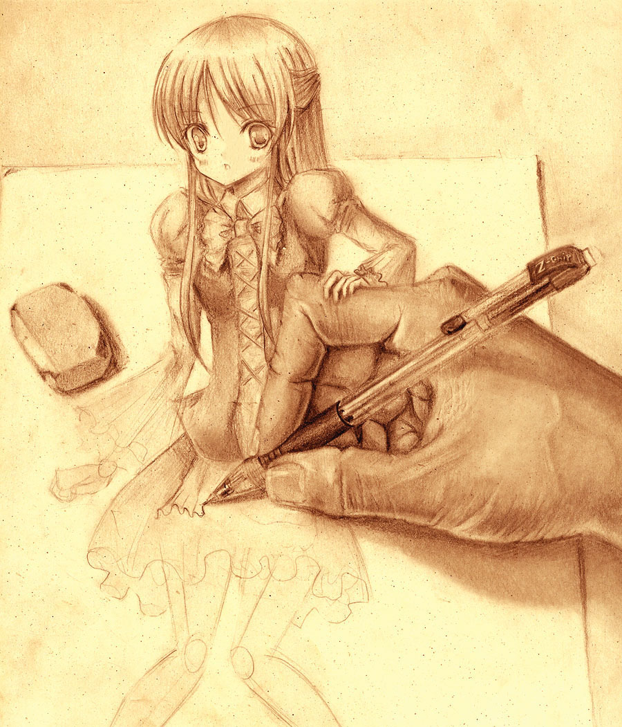 joon (joonkim), bad id, bad pixiv id, md5 mismatch, 1girl, drawing (action), dress, eraser, goth fashion, gothic lolita, lolita fashion, long hair, mechanical pencil, monochrome, pen, pencil, solo focus