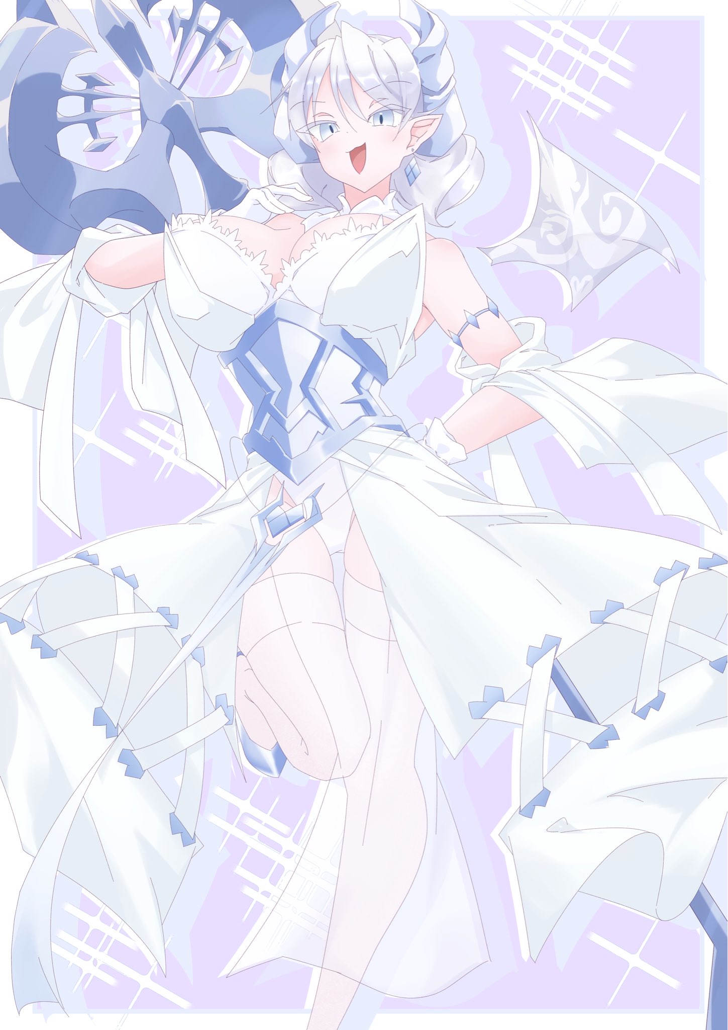 eriya (erizatta0045), lovely labrynth of the silver castle, yu-gi-oh!, highres, 1girl, bare shoulders, border, breasts, cleavage, demon girl, demon horns, demon wings, dress, duel monster, earrings, grey eyes, grey hair, grey wings, halberd, horns, jewelry, large breasts, pointy ears, polearm, purple background, simple background, solo, sparkle, standing, standing on one leg, strapless, strapless dress, weapon, white border, white dress, wings