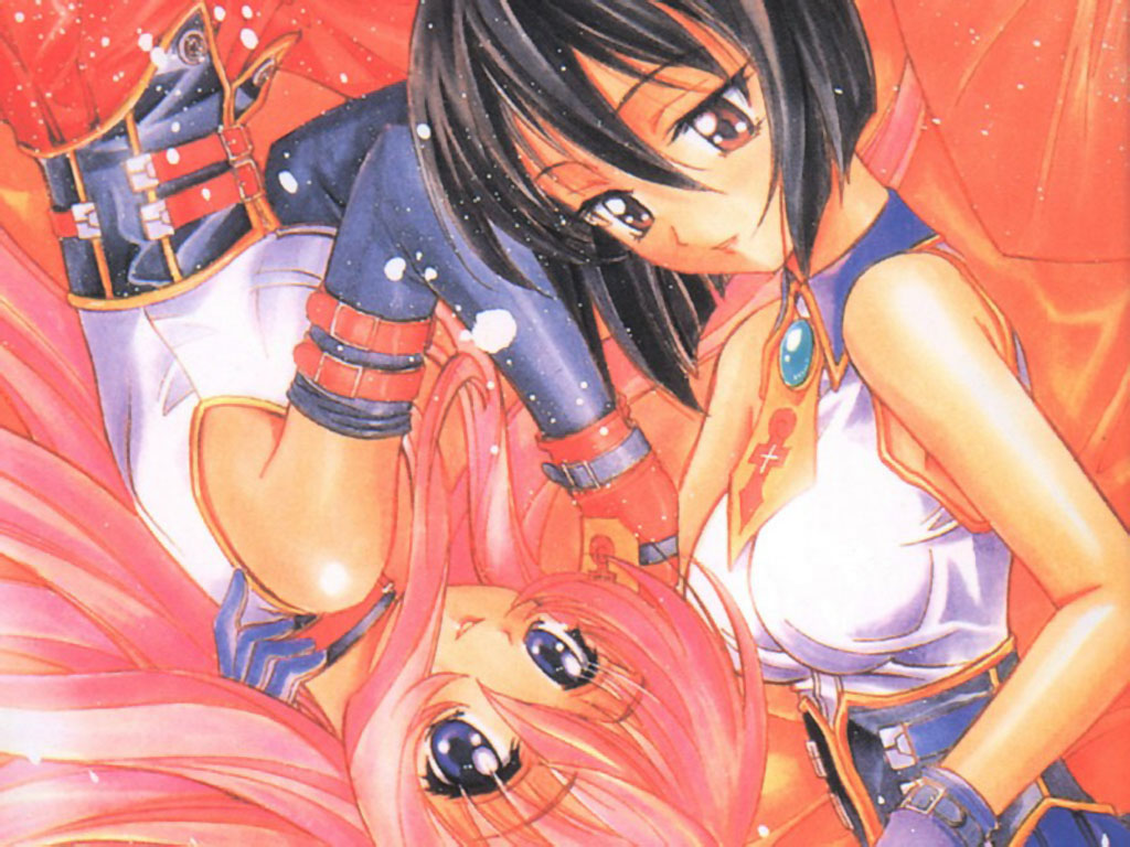 kaishaku, kurumi, kurumi (koutetsu tenshi kurumi), saki (koutetsu tenshi kurumi), saki (steel angel kurumi), koutetsu tenshi kurumi, official art, official wallpaper, scan, 2girls, :d, black hair, blue eyes, bob cut, cross, elbow gloves, from above, gem, gloves, impossible clothes, impossible shirt, long hair, lying, multiple girls, necktie, on side, open mouth, pink hair, red eyes, shirt, sleeveless, sleeveless shirt, smile, strap, very long hair