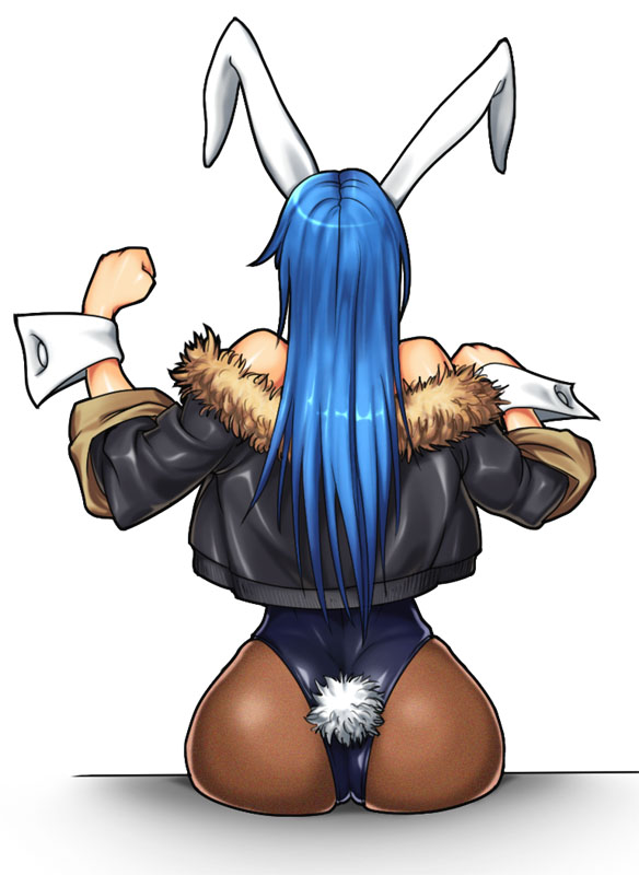 aozoraichi, 1girl, animal ears, ass, back, bare shoulders, blue hair, clenched hands, fake animal ears, female focus, from behind, gradient background, huge ass, jacket, long hair, pantyhose, playboy bunny, rabbit ears, rabbit tail, sitting, sleeves rolled up, solo, tail, wrist cuffs