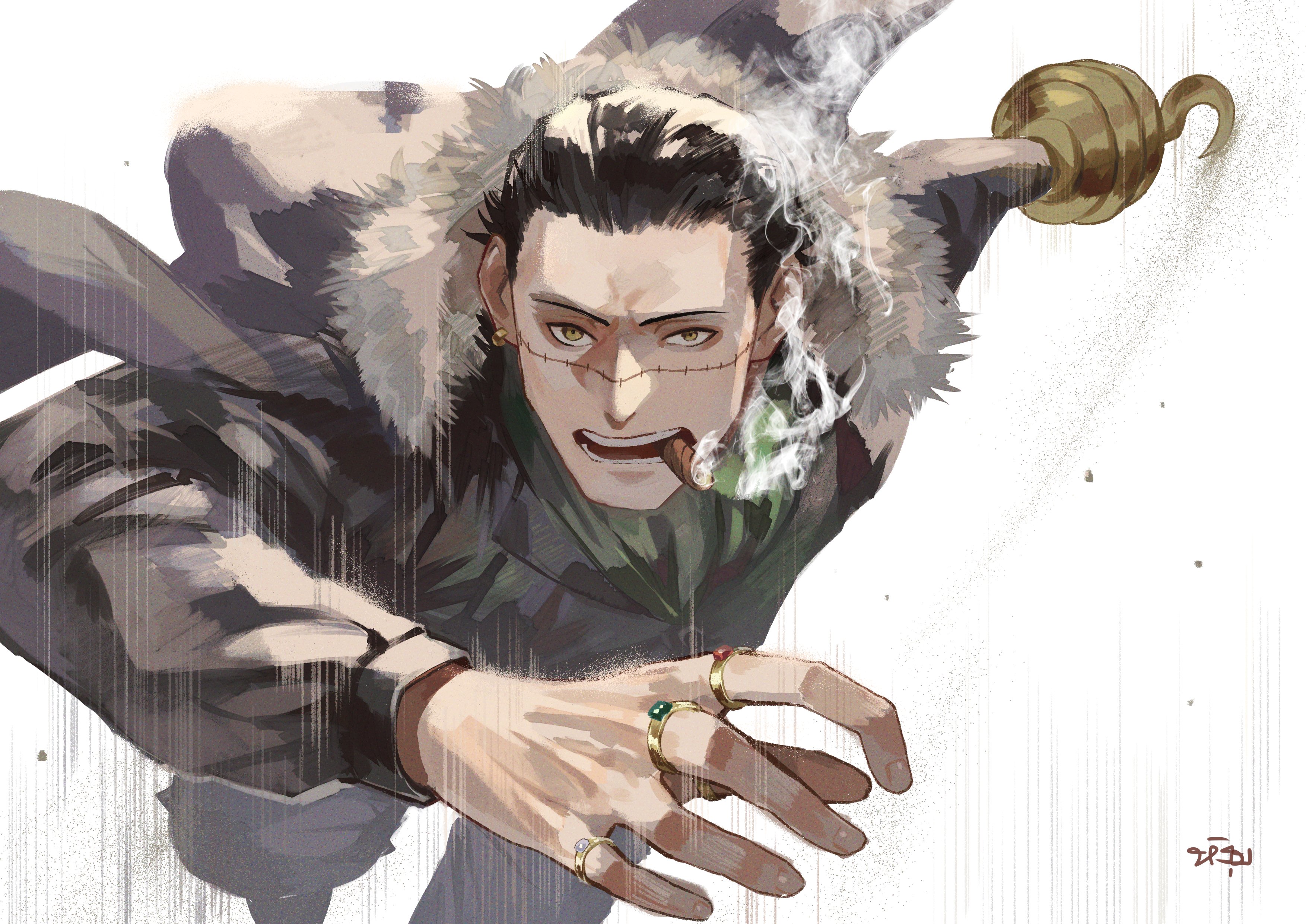 ngumngim, crocodile (one piece), one piece, absurdres, commentary request, highres, 1boy, ascot, black jacket, black pants, brown eyes, cape, cigar, earrings, foreshortening, fur-trimmed cape, fur trim, green ascot, hook hand, jacket, jewelry, looking at viewer, male focus, mature male, multiple rings, pants, ring, smoking, solo, stitched face, stitches, thai commentary, white background