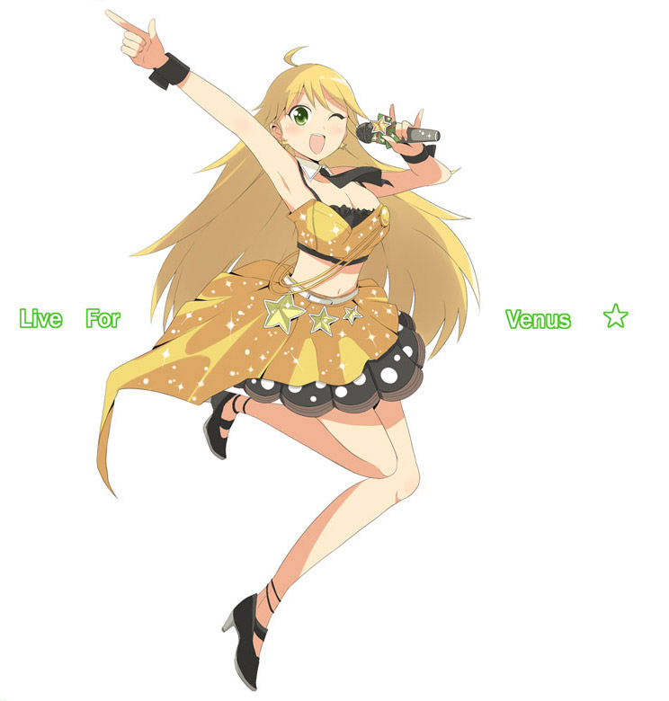 maro nie, hoshii miki, idolmaster, idolmaster (classic), live for venus, 00s, bustier, high heels, lingerie, microphone, midriff, shoes, solo, underwear
