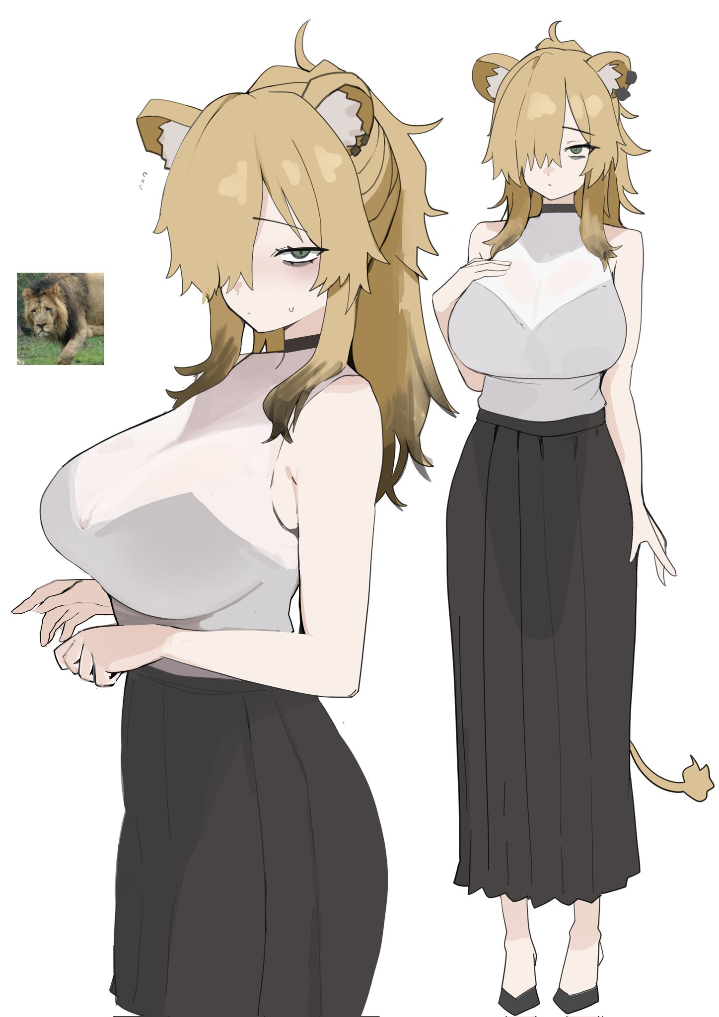 ammak, original, commentary request, highres, 1girl, animal ear fluff, animal ear piercing, animal ears, bare arms, black choker, black shoes, black skirt, blonde hair, breasts, choker, closed mouth, full body, grey eyes, hair over one eye, hand on own chest, large breasts, lion, lion ears, lion girl, lion tail, long hair, long skirt, multiple views, one eye covered, parted bangs, photo inset, see-through clothes, see-through shirt, shirt, shoes, sidelocks, simple background, skirt, sleeveless, sleeveless shirt, small sweatdrop, standing, tail, white background, white shirt