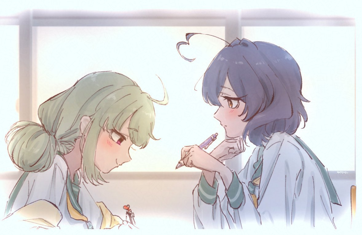 uirotori, araga kiwi, hiiragi utena, mahou shoujo ni akogarete, 2girls, ahoge, black hair, blonde hair, double bun, green sailor collar, hair bun, hand on own chin, heart, heart ahoge, hiiragi utena's school uniform, holding, holding pen, holding pencil, huge ahoge, long hair, long sleeves, medium hair, multiple girls, pen, pencil, purple eyes, sailor collar, school uniform, serafuku, shirt, sitting, smile, white serafuku, white shirt, yellow eyes