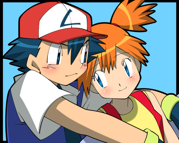 amada, ash ketchum, misty (pokemon), nintendo, pokemon, pokemon (anime), pokemon (classic anime), 1boy, 1girl, blue eyes, child, couple, gloves, hat, hetero, hug, hug from behind, orange hair, side ponytail