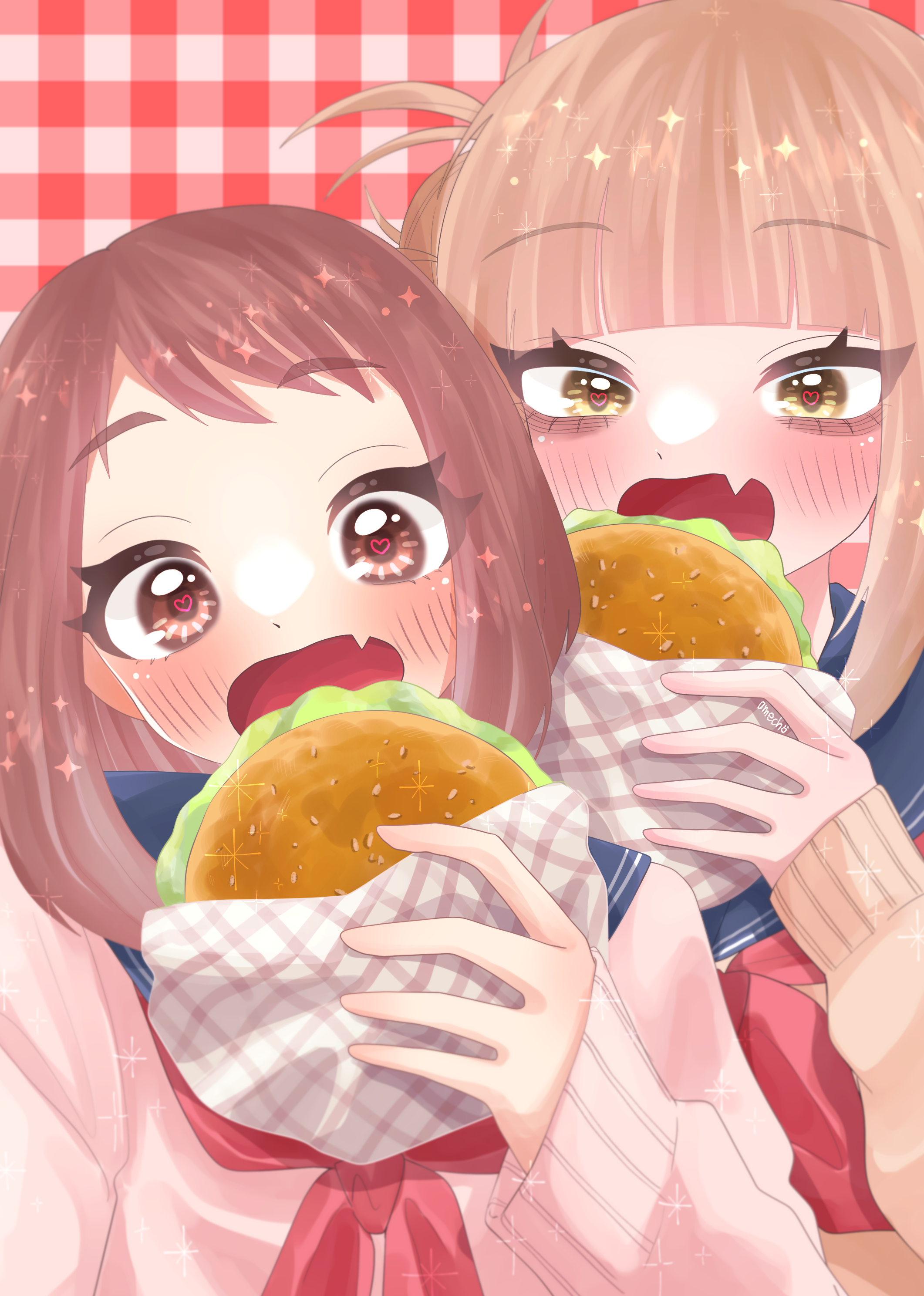 amecho wa, toga himiko, uraraka ochako, boku no hero academia, absurdres, highres, 2girls, blonde hair, blue sailor collar, blunt bangs, blush, brown eyes, brown hair, burger, cardigan, cosplay, double bun, fangs, food, hair bun, holding, holding burger, holding food, long sleeves, looking at viewer, messy hair, multiple girls, neckerchief, open mouth, plaid background, red neckerchief, sailor collar, school uniform, serafuku, short hair, sidelocks, simple background, solo, toga himiko (cosplay), u.a. school uniform, yellow eyes