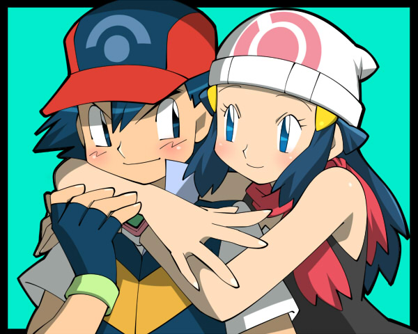 amada, ash ketchum, dawn (pokemon), nintendo, pokemon, pokemon (anime), pokemon dppt (anime), 1boy, 1girl, beanie, child, couple, fingerless gloves, gloves, hat, hetero, hug, hug from behind, poketch, scarf, watch, wristwatch