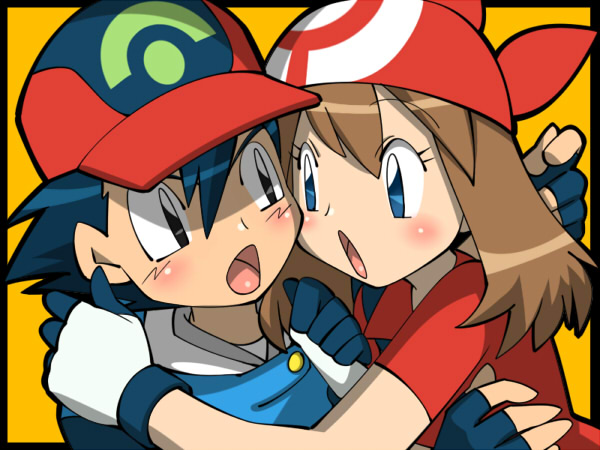 amada, ash ketchum, may (pokemon), nintendo, pokemon, pokemon (anime), pokemon rse (anime), 1boy, 1girl, :o, bandana, child, couple, fingerless gloves, gloves, hat, hetero, hug, open mouth