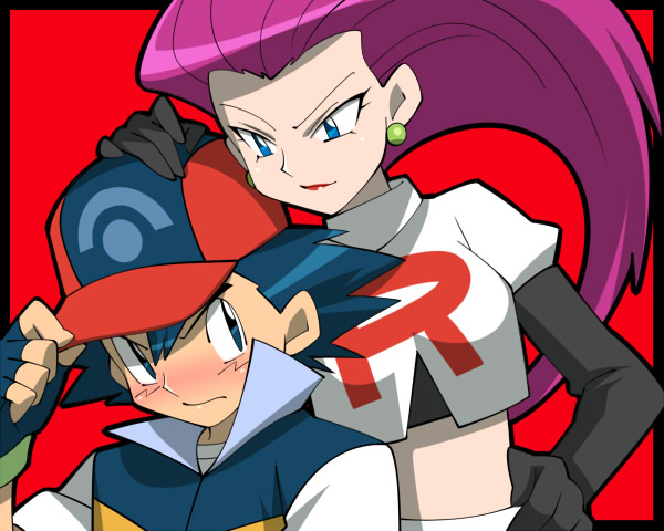 amada, ash ketchum, jessie (pokemon), nintendo, pokemon, pokemon (anime), pokemon dppt (anime), 1boy, 1girl, age difference, big hair, blue eyes, blue hair, blush, couple, fingerless gloves, frown, gloves, hair slicked back, hat, hetero, long hair, midriff, onee-shota, pink hair, shota, team rocket, team rocket uniform
