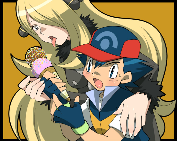 amada, ash ketchum, cynthia (pokemon), nintendo, pokemon, pokemon (anime), pokemon dppt, pokemon dppt (anime), 00s, 1boy, 1girl, age difference, child, couple, fingerless gloves, food, gloves, hair over one eye, hat, hetero, ice cream, long hair, onee-shota, tongue, very long hair