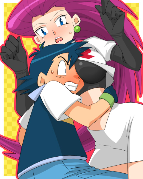 amada, ash ketchum, jessie (pokemon), nintendo, pokemon, pokemon (anime), 1boy, 1girl, age difference, between breasts, big hair, blue hair, blush, breast smother, breasts, elbow gloves, face to breasts, gloves, hair slicked back, head between breasts, hetero, hug, large breasts, long hair, midriff, miniskirt, no headwear, open mouth, purple hair, short hair, shota, skirt, sweatdrop, team rocket, white skirt