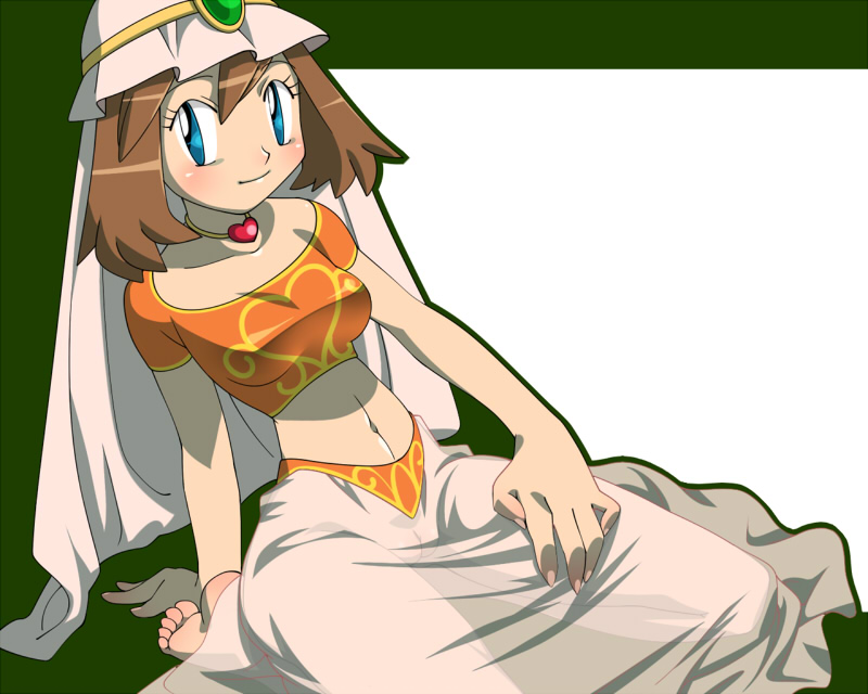 amada, may (pokemon), nintendo, pokemon, pokemon (anime), pokemon contest, pokemon dp077, pokemon dppt (anime), bad id, bad pixiv id, 1girl, alternate costume, alternate headwear, arabian clothes, collar, feet, female focus, female pubic hair, harem pants, hat, jewelry, midiff, midriff, navel, no panties, official alternate costume, pants, pubic hair, pussy, see-through clothes, solo, uncensored, veil