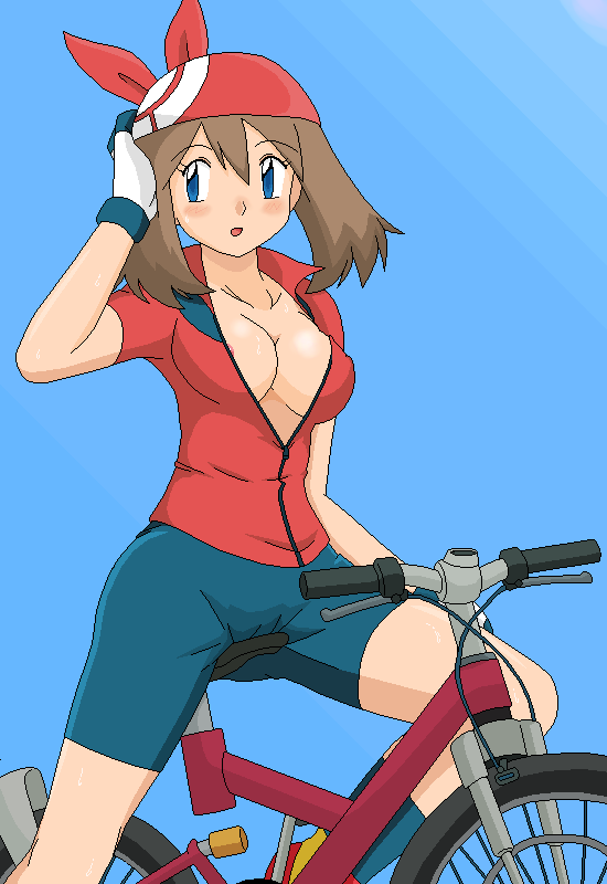 kuro hopper, may (pokemon), nintendo, pokemon, bad id, bad pixiv id, 1girl, areola slip, bandana, bicycle, bike shorts, blue eyes, breasts, brown hair, cameltoe, cleavage, female focus, gloves, hat, large breasts, no bra, oekaki, open clothes, open shirt, shirt, solo, sweat, two-tone gloves