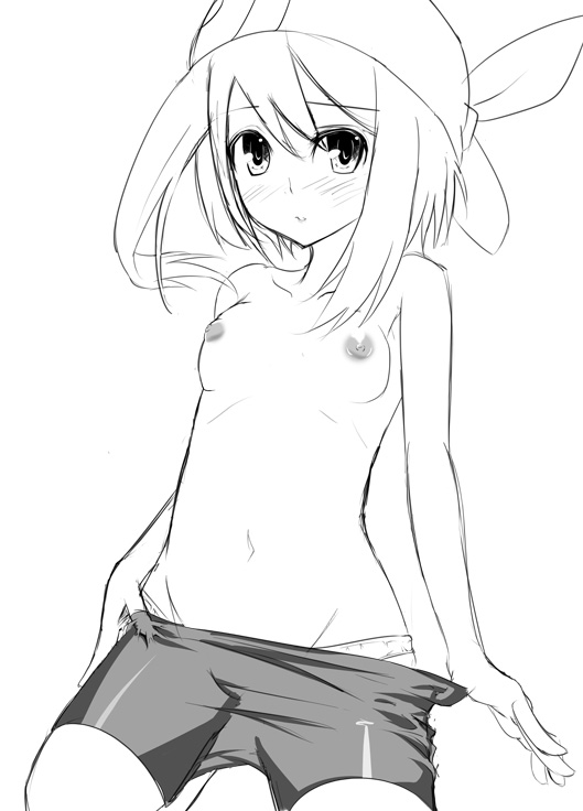 ichinose yuu, shi, may (pokemon), nintendo, pokemon, pokemon rse, bad id, bad pixiv id, 1girl, bandana, bike shorts, bike shorts pull, breasts, female focus, flat chest, greyscale, hat, latex, monochrome, nipples, panties, simple background, sketch, solo, topless female, underwear, white background