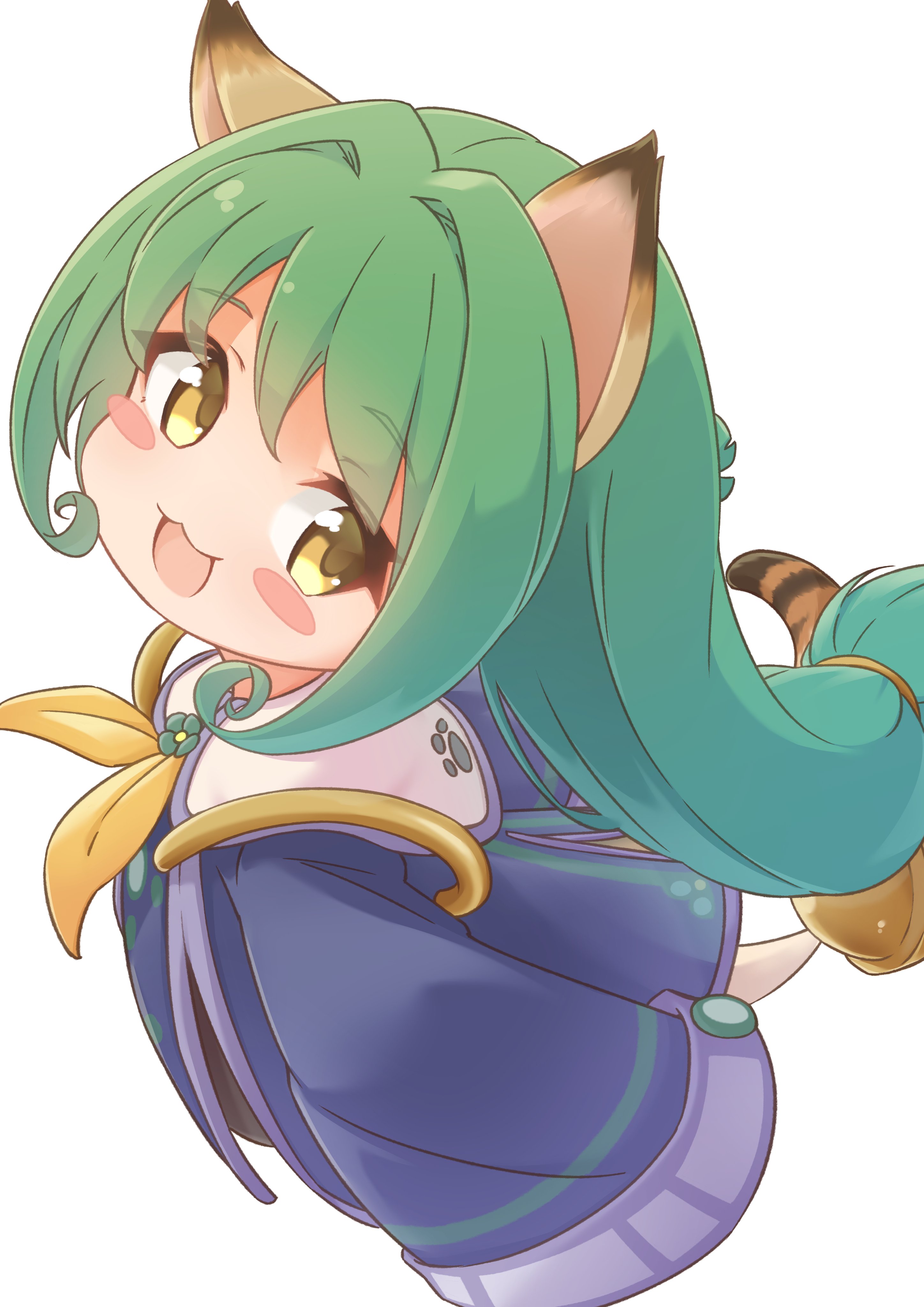 silver-index, emil chronicle online, absurdres, highres, 1girl, :3, animal ears, blue dress, blush stickers, cat ears, cat girl, cat tail, collar, dress, from side, ghost girl, ghost tail, green hair, long hair, looking at viewer, neck ribbon, nekomata mike, open mouth, ribbon, solo, tail, white background, white collar, yellow eyes, yellow ribbon