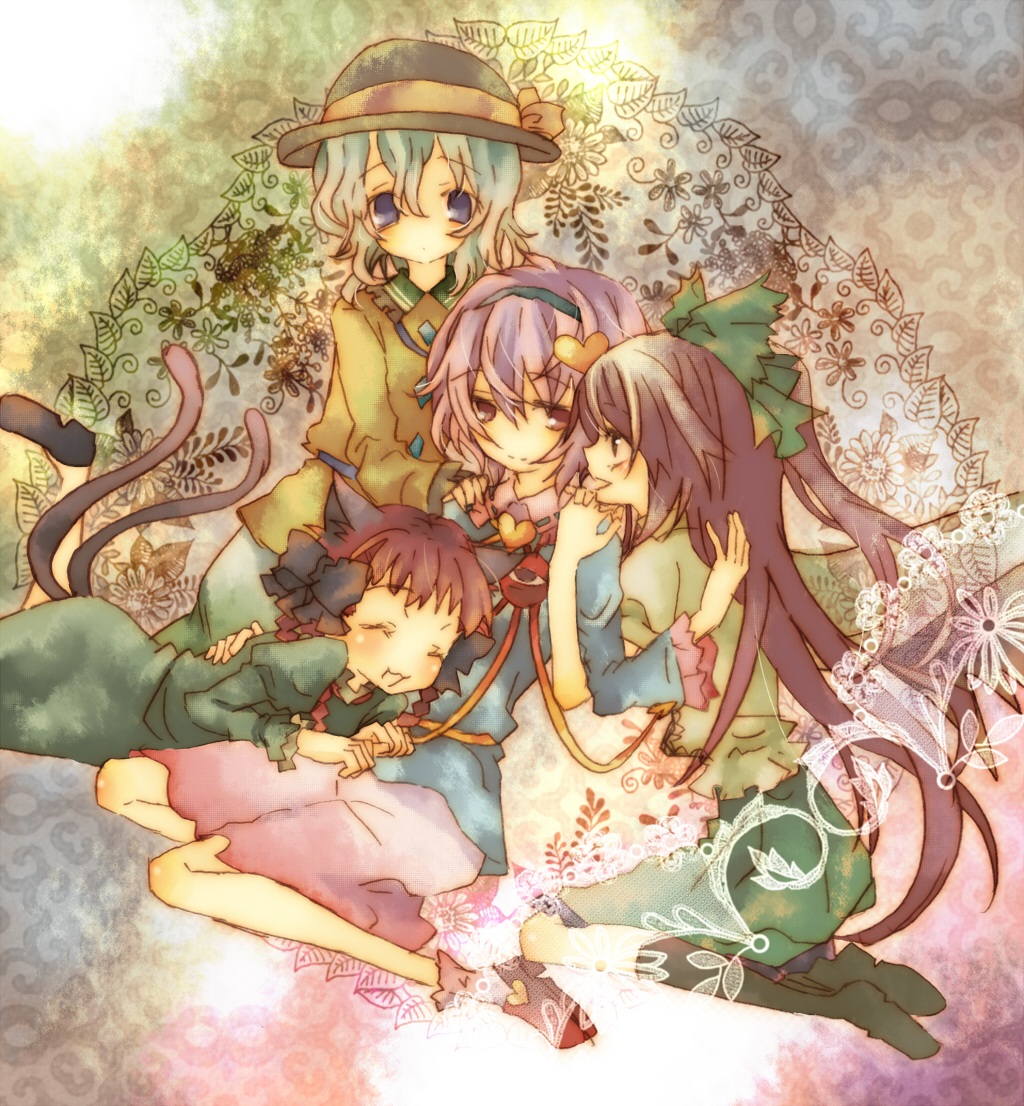 hidari (coletica), kaenbyou rin, komeiji koishi, komeiji satori, reiuji utsuho, touhou, hand on shoulder, bad id, bad pixiv id, 4girls, :3, ^ ^, animal ears, black hair, blue eyes, bow, braid, cat ears, cat girl, cat tail, closed eyes, female focus, green hair, hair bow, happy, hat, hidari (pixiv), long hair, multiple girls, multiple tails, pink eyes, purple hair, red hair, short hair, sitting, tail, twin braids