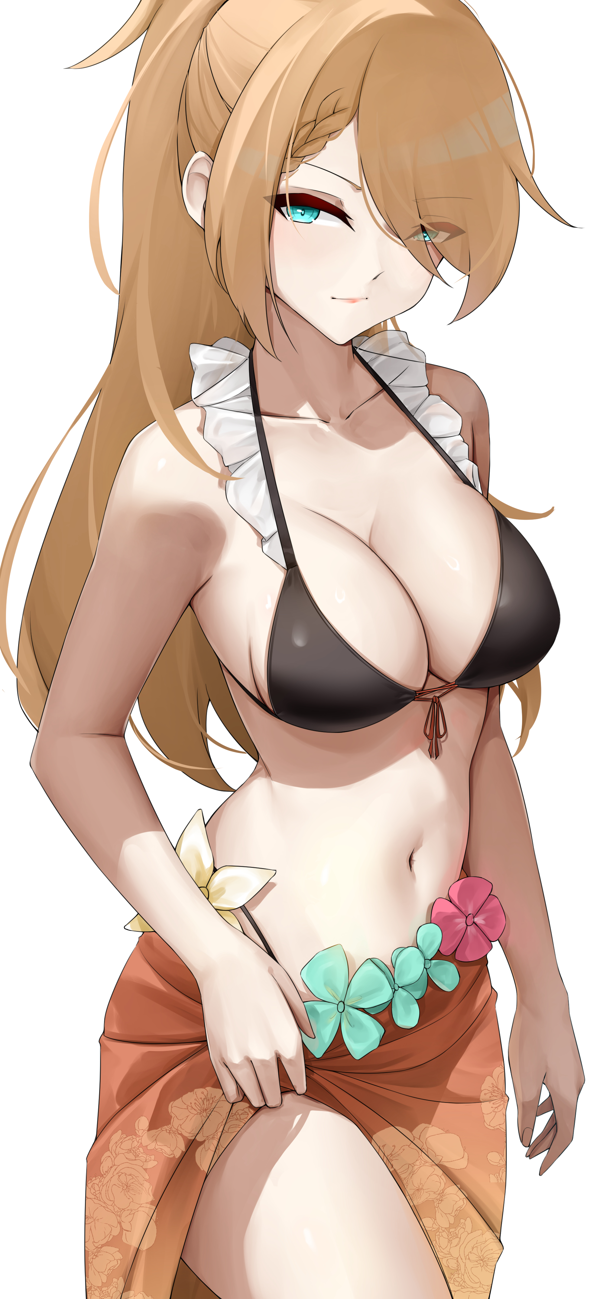 casperrin, g36 (50 days with g36) (girls' frontline), g36 (girls' frontline), girls' frontline, girls' frontline 2: exilium, absurdres, highres, 1girl, bikini, bikini skirt, black bikini, blonde hair, blue eyes, blue flower, braid, breasts, cleavage, floral print, flower, frilled bikini, frills, hair over one eye, half-closed eyes, highleg, highleg bikini, hip focus, light smile, long hair, looking at viewer, medium breasts, navel, orange skirt, pink flower, skirt, solo, stomach, swimsuit, thighs, very long hair