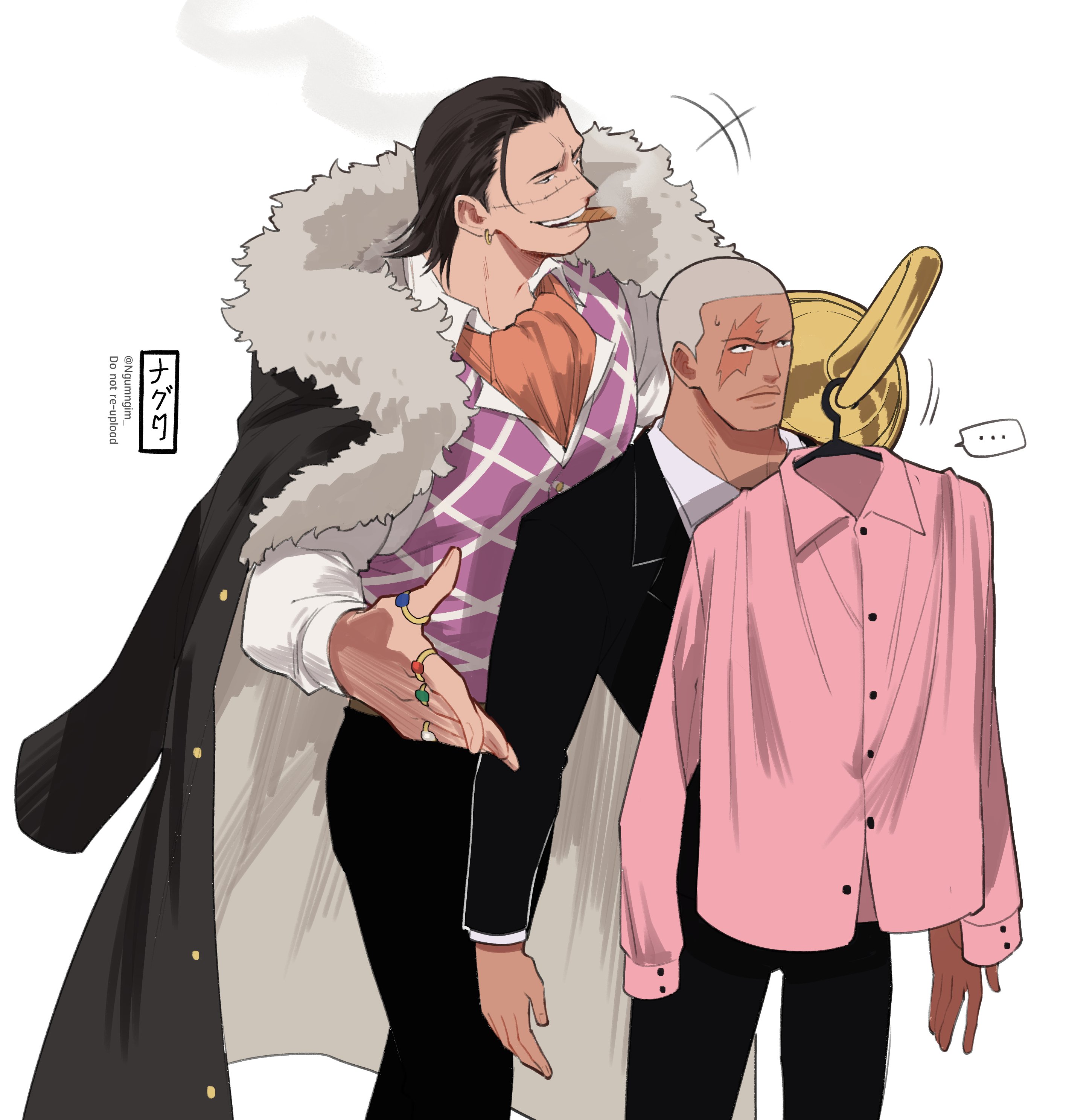 ngumngim, crocodile (one piece), daz bones, one piece, absurdres, highres, 2boys, ascot, black coat, black hair, black jacket, black pants, cigar, coat, earrings, fur-trimmed coat, fur trim, hook hand, jacket, jewelry, long sleeves, male focus, mature male, multiple boys, multiple rings, orange ascot, pants, pink shirt, purple vest, ring, scar, scar on face, shirt, simple background, smoking, stitched face, stitches, upper body, vest, white background