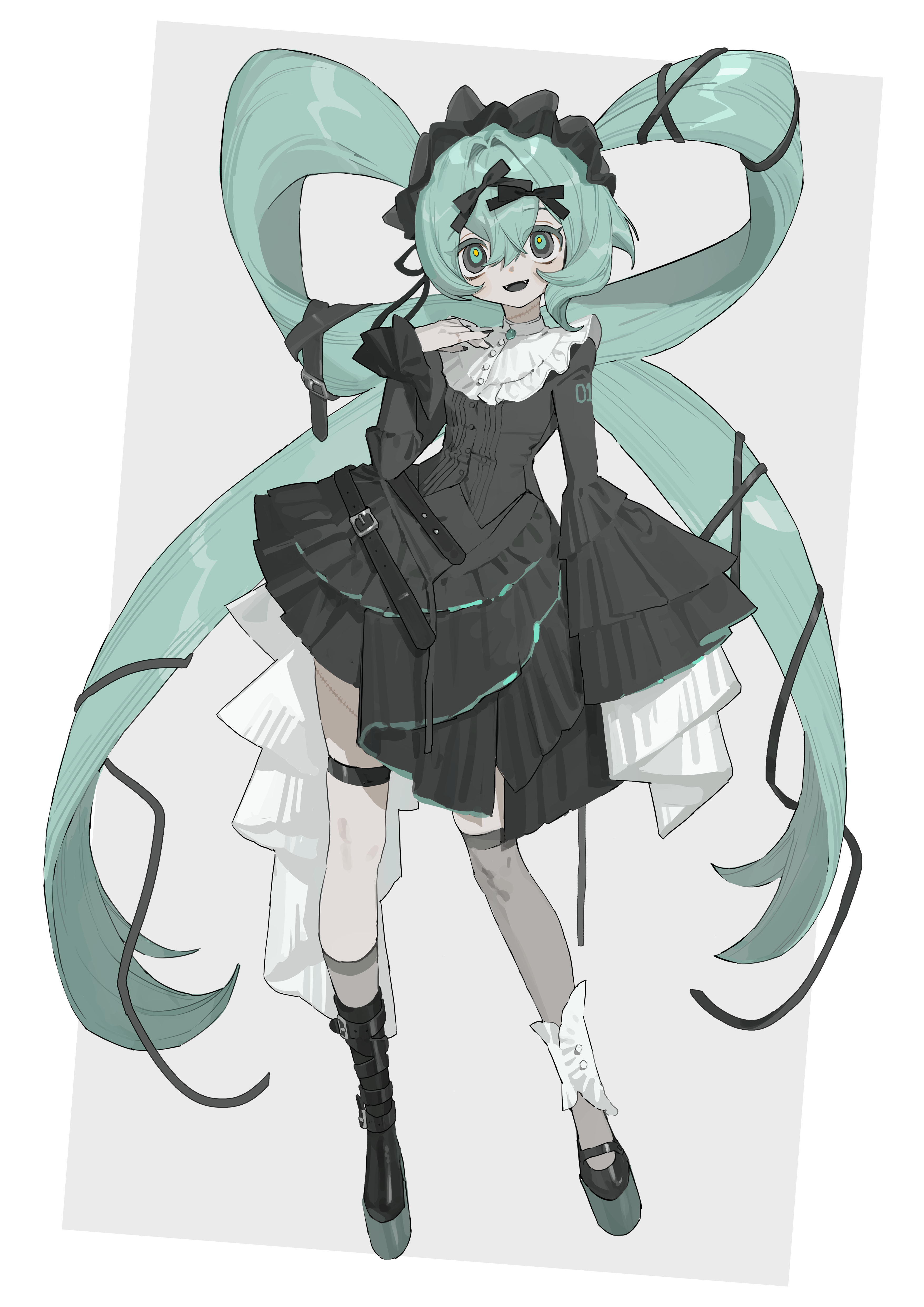 mumukyabi, hatsune miku, vocaloid, absurdres, highres, 1girl, aqua eyes, aqua hair, asymmetrical legwear, asymmetrical sleeves, black dress, black hairband, dress, fangs, full body, grey background, grey eyes, grey socks, grey thighhighs, hairband, kneehighs, long hair, looking at viewer, open mouth, platform shoes, ringed eyes, scar, scar on hand, scar on neck, simple background, sleeves past fingers, sleeves past wrists, socks, solo, thighhighs, twintails, uneven legwear, uneven sleeves, very long hair