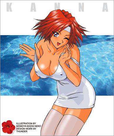 momoya show-neko, kirishima kanna, sakura taisen, sega, lowres, non-web source, 00s, 1girl, black eyes, breasts, covered erect nipples, dress, female focus, grey eyes, hairband, headband, large breasts, leaning forward, one eye closed, red hair, short hair, solo, thighhighs, undressing, water, wink