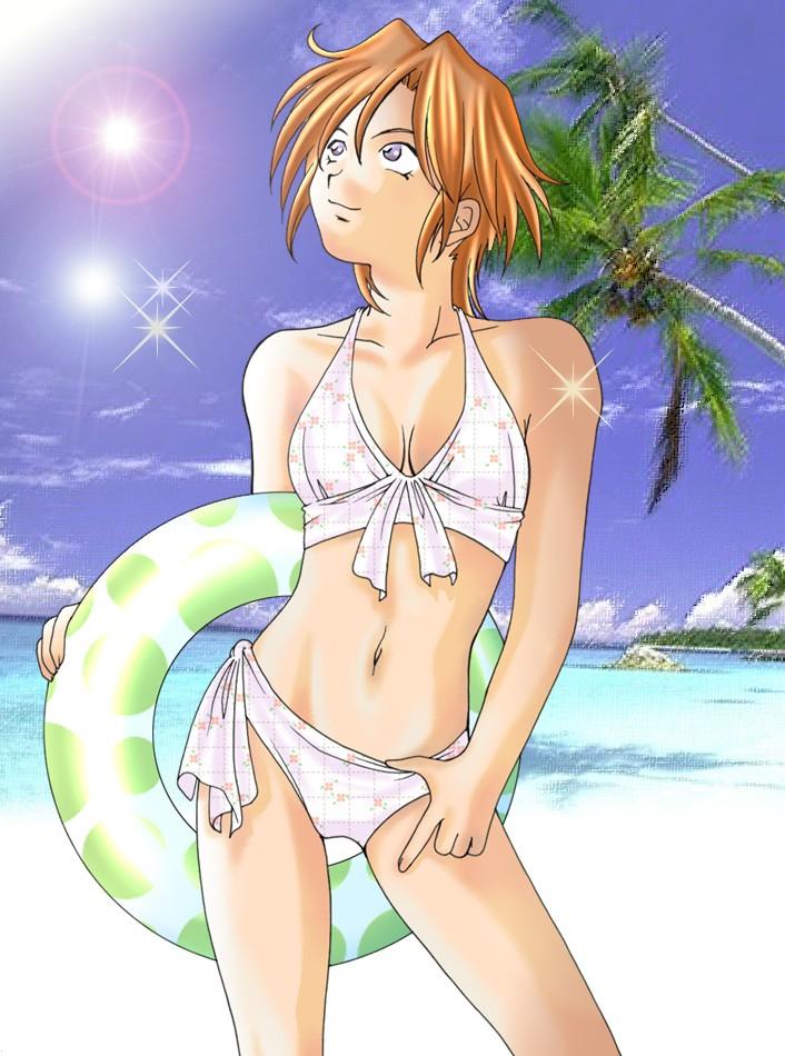 kirishima kanna, sakura taisen, jpeg artifacts, non-web source, 00s, 1girl, beach, bikini, day, female focus, innertube, outdoors, purple eyes, red hair, short hair, solo, swim ring, swimsuit, white bikini