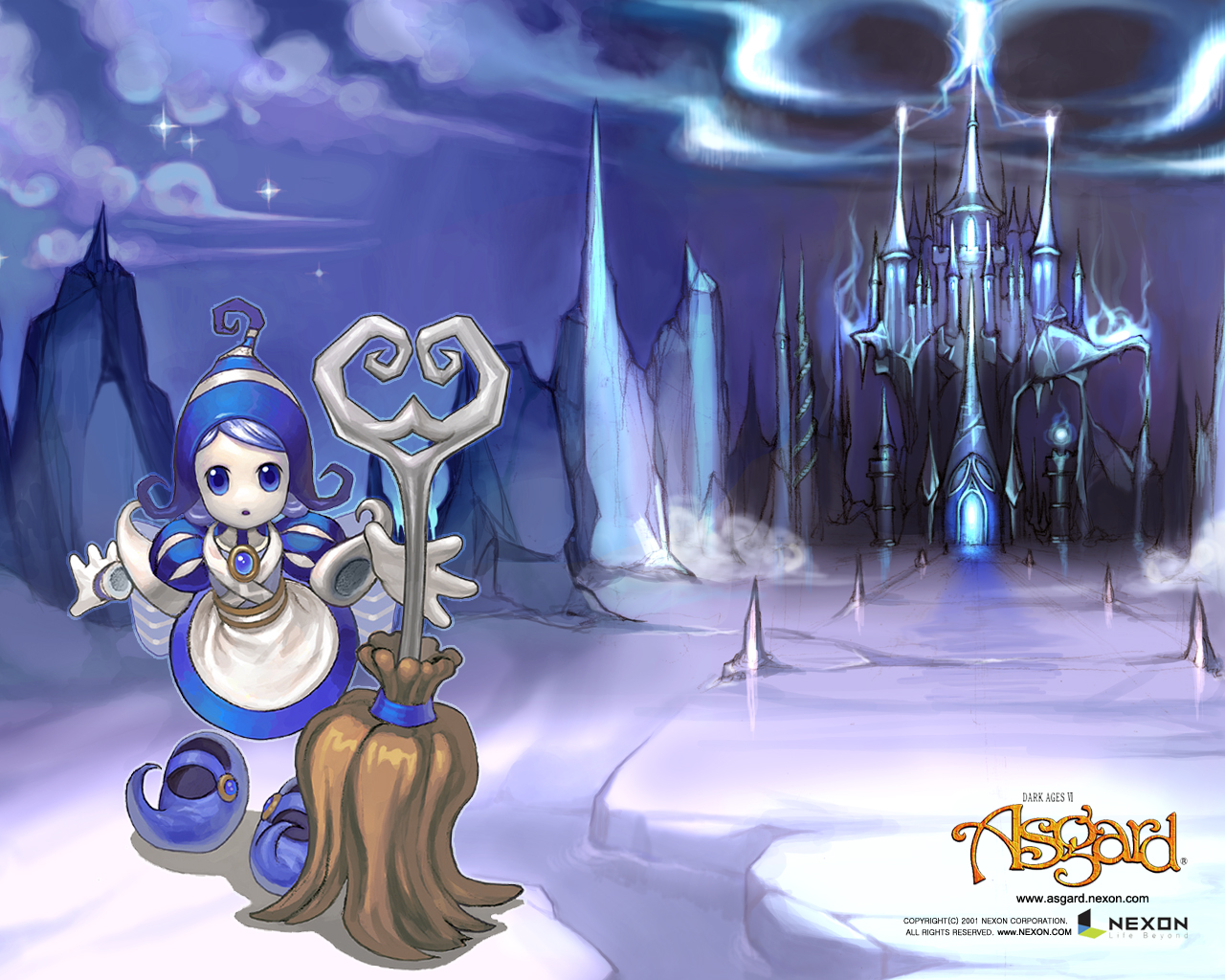 asgard, nexon, artist request, official art, official wallpaper, second-party source, 1girl, apron, aqua bow, blue dress, blue hair, blue hat, blue shorts, blue sky, blue sleeves, blue theme, bow, brooch, broom, castle, character name, chullo, colored skin, company name, copyright name, copyright notice, dress, hat, horizontal-striped bow, ice, impasto, jewelry, large bow, logo, mary janes, night, night sky, open mouth, pointy shoes, puff of air, rayman limbs, shoes, short dress, short hair, shorts, sky, sleeve cuffs, smoke, sparkle, swept bangs, water, watermark, web address, white apron, white skin, winter