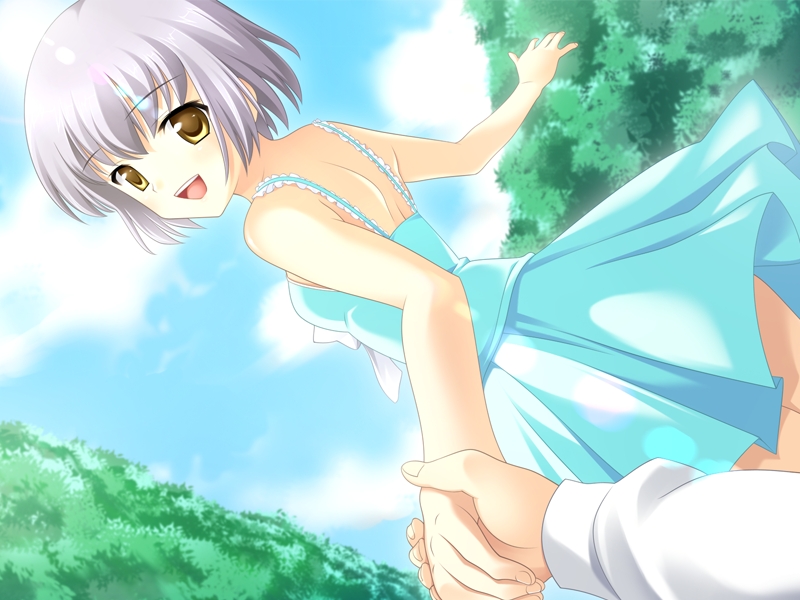 nekokan (cat's cradle), hashino sumi, aa! ojou-sama!, silver hair, game cg, 1girl, :d, back, blush, bob cut, brown eyes, cloud, couple, day, dragging, dress, dutch angle, flat chest, from behind, happy, holding hands, lens flare, looking back, open mouth, outdoors, pleated skirt, pov, short hair, skirt, sky, smile, solo focus, sundress, yellow eyes