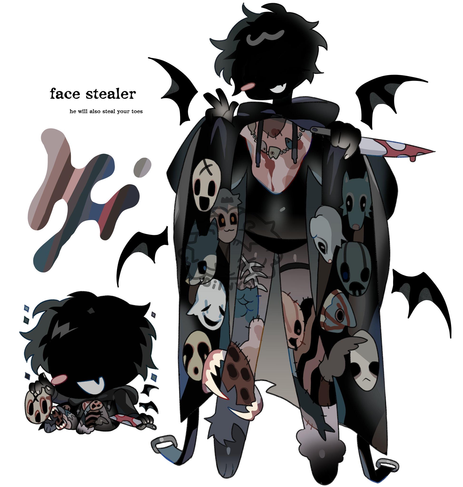 original, commentary, english commentary, highres, 1boy, adoptable, black cloak, black hair, black skin, black wings, blood, bloody knife, blush stickers, chibi, cloak, colored skin, dilnyan03, english text, fang, holding, holding knife, hood, hood down, hooded cloak, knife, male focus, mask, mini wings, monster boy, multiple views, no eyes, patchwork skin, short hair, simple background, skin fang, white background, wings