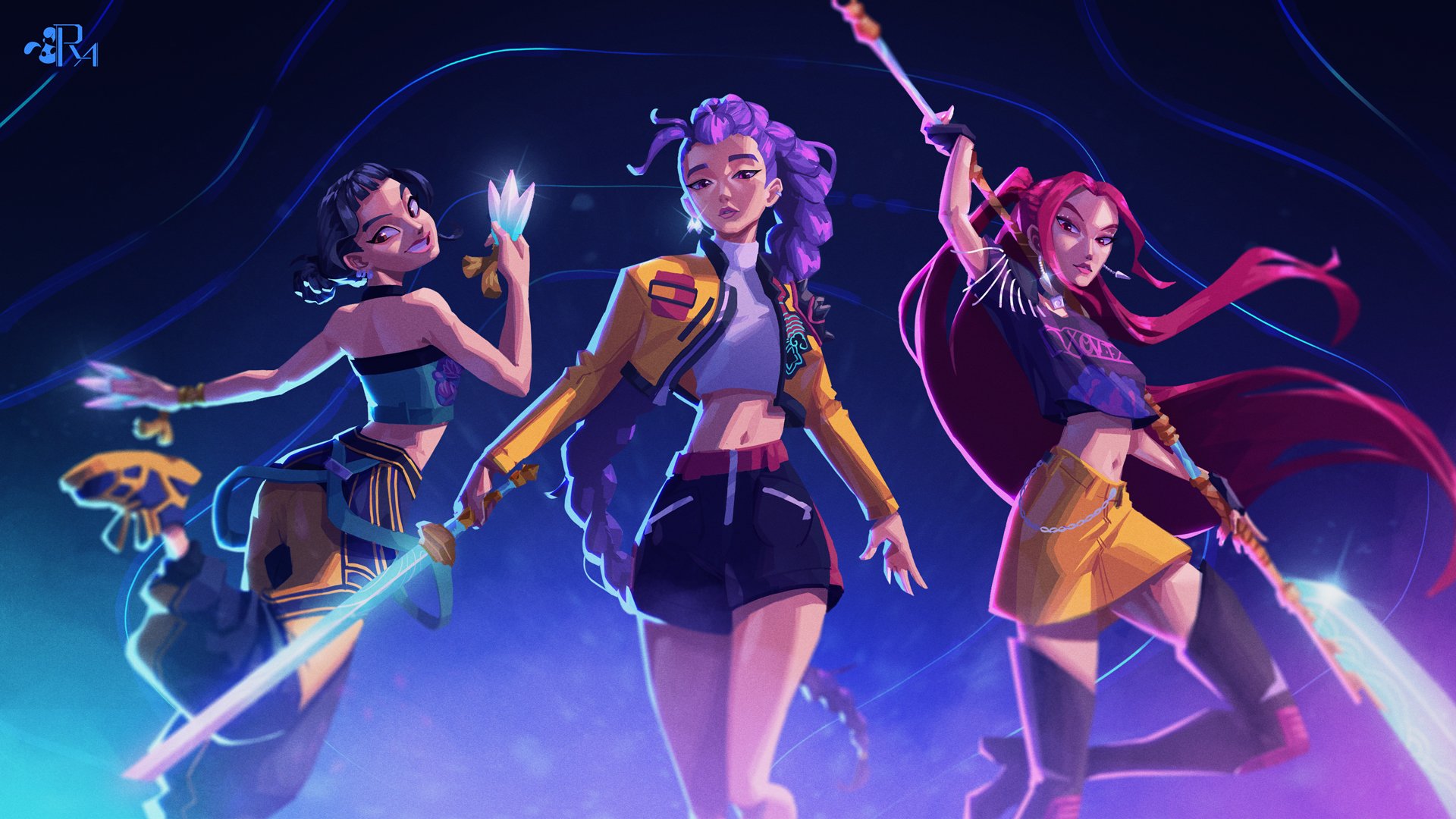 mira (kpop demon hunters), rumi (kpop demon hunters), zoey (kpop demon hunters), kpop demon hunters, commentary, english commentary, highres, 3girls, black hair, boots, braid, braided ponytail, cowboy shot, cropped jacket, double bun, earrings, glint, hair bun, holding, holding polearm, holding sword, holding weapon, jacket, jewelry, long hair, multiple girls, pants, pink hair, polearm, purple hair, reachm art, shoes, short bangs, shorts, single shoulder pad, sneakers, sword, thigh boots, turtleneck, twintails, weapon, yellow jacket