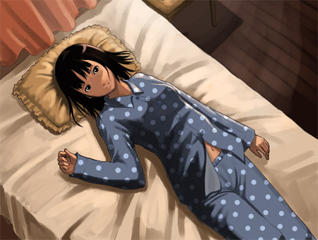 oboro (squeeze), lowres, 1girl, bed, black hair, female focus, frilled pillow, frills, lying, navel, pajamas, pillow, polka dot, polka dot pajamas, polka dot shirt, shirt, solo