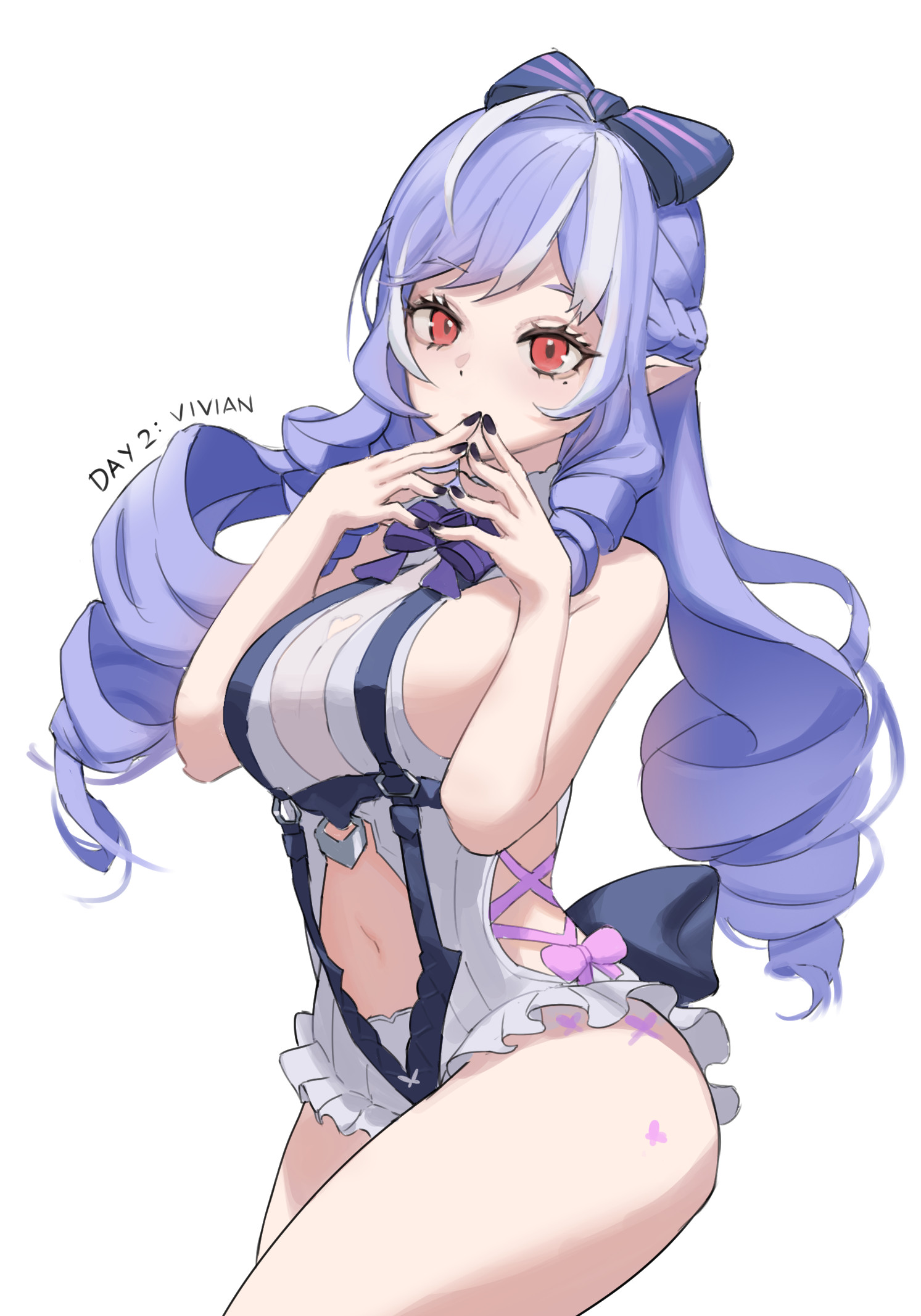 tastelikenyan, vivian banshee, vivian banshee (iris of the shore), zenless zone zero, highres, 1girl, black nails, breasts, clothing cutout, drill hair, hands up, heart cutout, large breasts, looking at viewer, mole, mole under eye, multicolored hair, navel, official alternate costume, one-piece swimsuit, pointy ears, purple hair, red eyes, simple background, solo, steepled fingers, stomach cutout, streaked hair, swimsuit, white background, white hair, white one-piece swimsuit