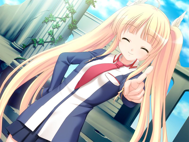 alfhild tranen, prawf clwyd, game cg, jpeg artifacts, non-web source, 1girl, blonde hair, closed eyes, column, dutch angle, female focus, long hair, pillar, pointing, school uniform, solo, twintails