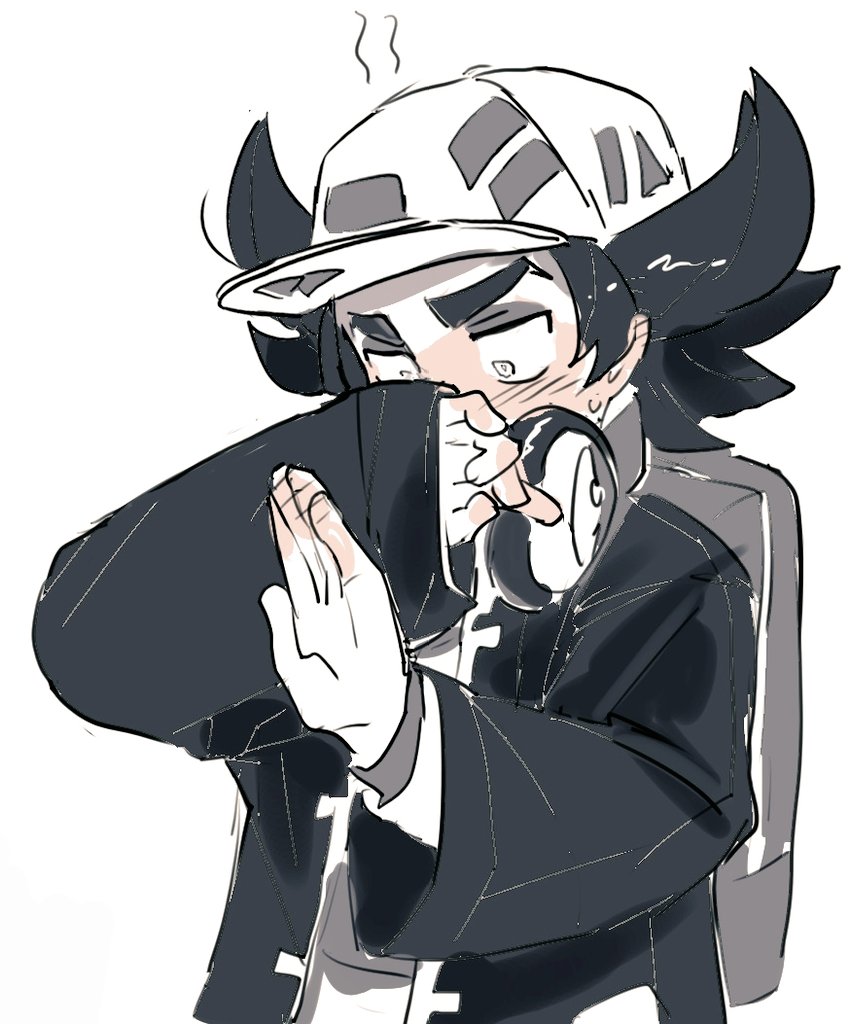 homes3eethome, giacomo (pokemon), nintendo, pokemon, pokemon sv, 1boy, baseball cap, black hair, black jacket, blush, full-face blush, greyscale, hand up, hat, headphones, jacket, long sleeves, looking at viewer, male focus, monochrome, open clothes, open jacket, pointy hair, shirt, simple background, solo, standing, team star, upper body, vest, white background, white shirt