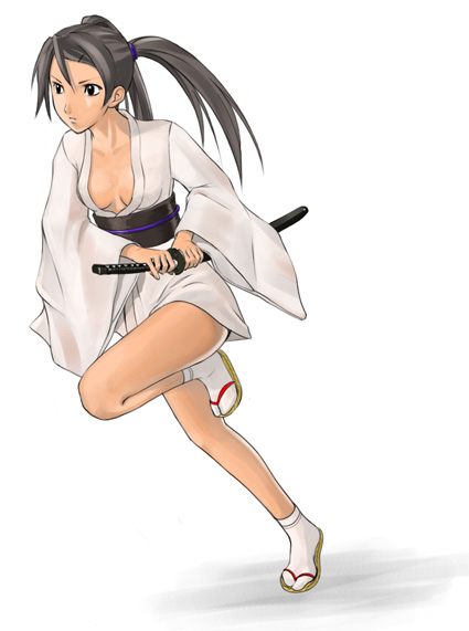 oboro (squeeze), original, 1girl, breasts, cleavage, female focus, japanese clothes, katana, kimono, legs, obi, running, sandals, sash, short kimono, solo, sword, tabi, twintails, weapon, yukata, zori, zouri