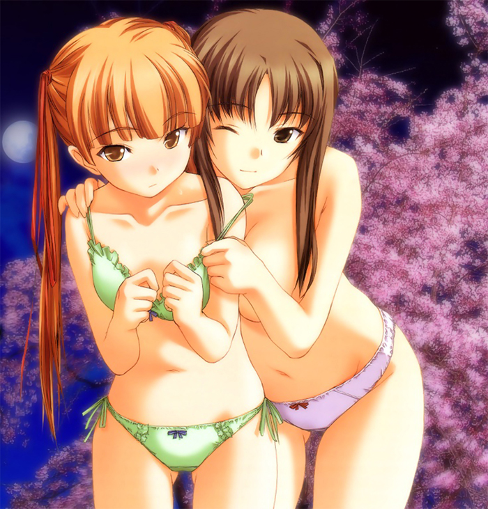 hizuki ayumi, hizuki mitsuna, ringetsu, non-web source, 2girls, bow, bow bra, bow panties, bra, brown eyes, brown hair, cherry blossoms, green bra, green panties, lingerie, long hair, moon, multiple girls, one eye closed, orange eyes, orange hair, panties, pink panties, siblings, side-tie panties, sisters, strap slip, topless female, twintails, underwear, underwear only