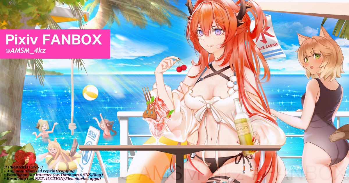 yokaze (yokajie), ceobe (arknights), eyjafjalla (arknights), eyjafjalla (summer flower) (arknights), ifrit (arknights), mousse (arknights), surtr (arknights), surtr (colorful wonderland) (arknights), arknights, character request, check character, commentary request, 5girls, alternate costume, animal ears, arms up, bare shoulders, bikini, black bikini, black one-piece swimsuit, blonde hair, blue sky, blush, bottle, breasts, brown hair, cat ears, cat girl, cat tail, cloud, cloudy sky, cowboy shot, criss-cross halter, day, demon horns, dog ears, dog girl, dog tail, food, from behind, green eyes, hair between eyes, halterneck, holding, holding bottle, holding cherry, horns, ice cream, innertube, long hair, looking at viewer, medium hair, multiple girls, multiple tails, ocean, official alternate costume, one-piece swimsuit, open mouth, outdoors, parfait, partially submerged, playing, purple eyes, red hair, red nails, short hair, side-tie bikini bottom, sitting, sky, standing, swim ring, swimsuit, tail, twitter username, two tails
