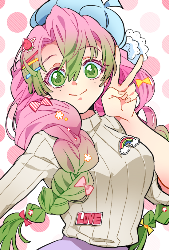 ungungzza, kanroji mitsuri, kimetsu no yaiba, commentary request, korean commentary, 1girl, blue hat, blush, eyelashes, green eyes, green hair, hair between eyes, hat, looking at viewer, mole, mole under eye, multicolored hair, pink hair, polka dot, polka dot background, smile, solo, striped clothes, two-tone hair, upper body, v, vertical-striped clothes
